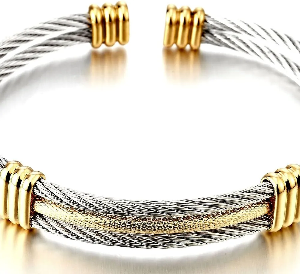 COOLSTEELANDBEYOND Men Women Stainless Steel Twisted Cable Adjustable Cuff Bangle Bracelet