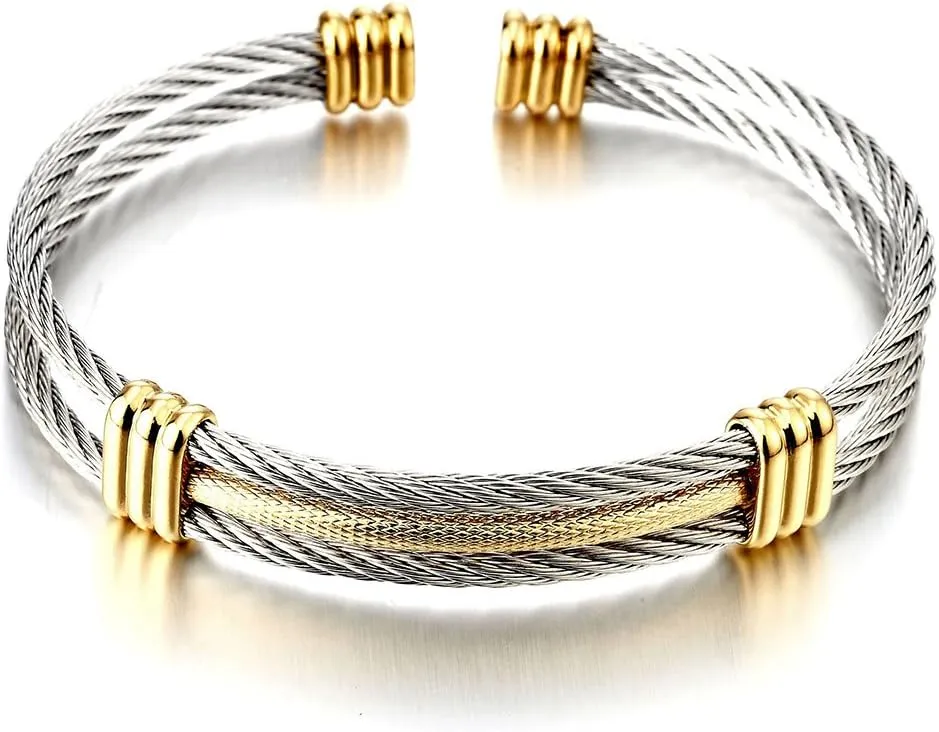 COOLSTEELANDBEYOND Men Women Stainless Steel Twisted Cable Adjustable Cuff Bangle Bracelet