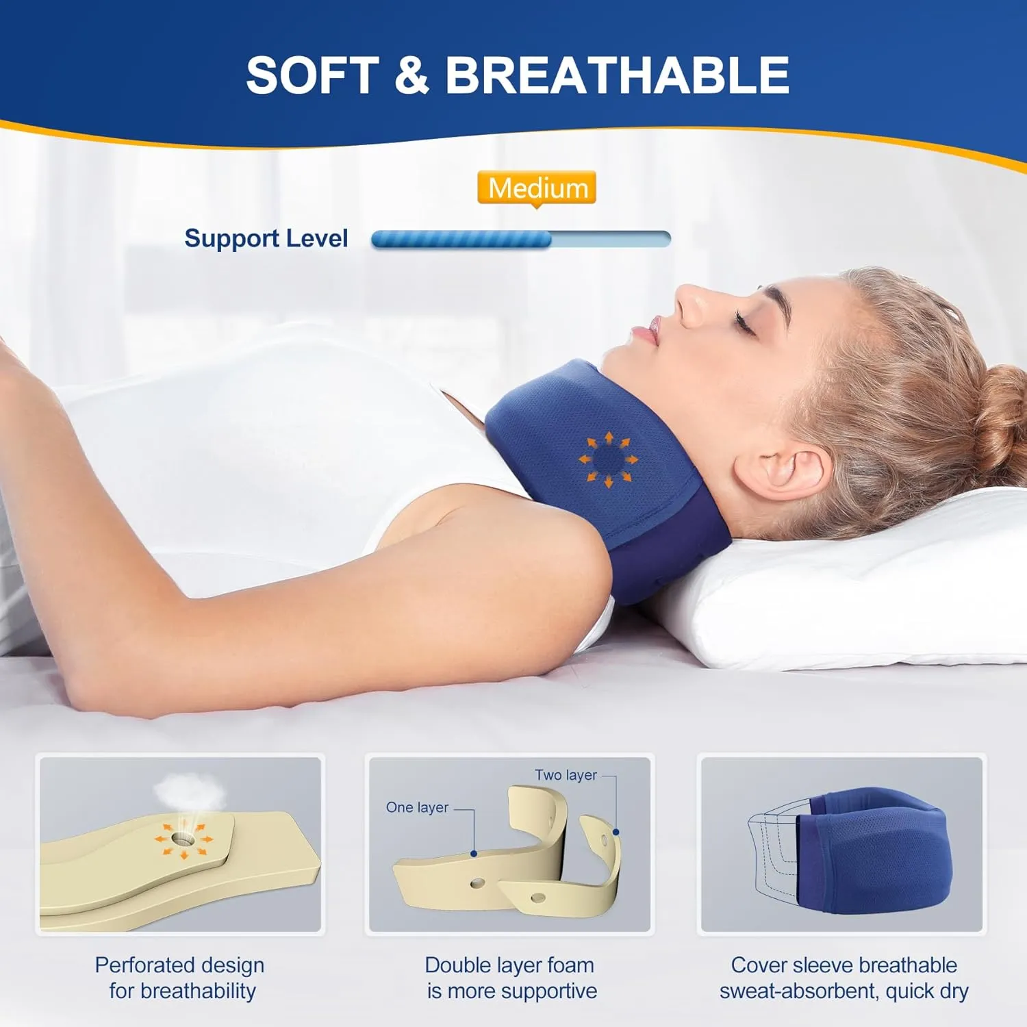 CozyHealth Neck Brace for Neck Pain and Support, Soft Neck Support Relieves Pain & Pressure in Spine for Women & Men, Wrap Align Stabilize Vertebrae Foam Cervical Collar for Sleeping (GBlue, M, 3.5" Middle Height)