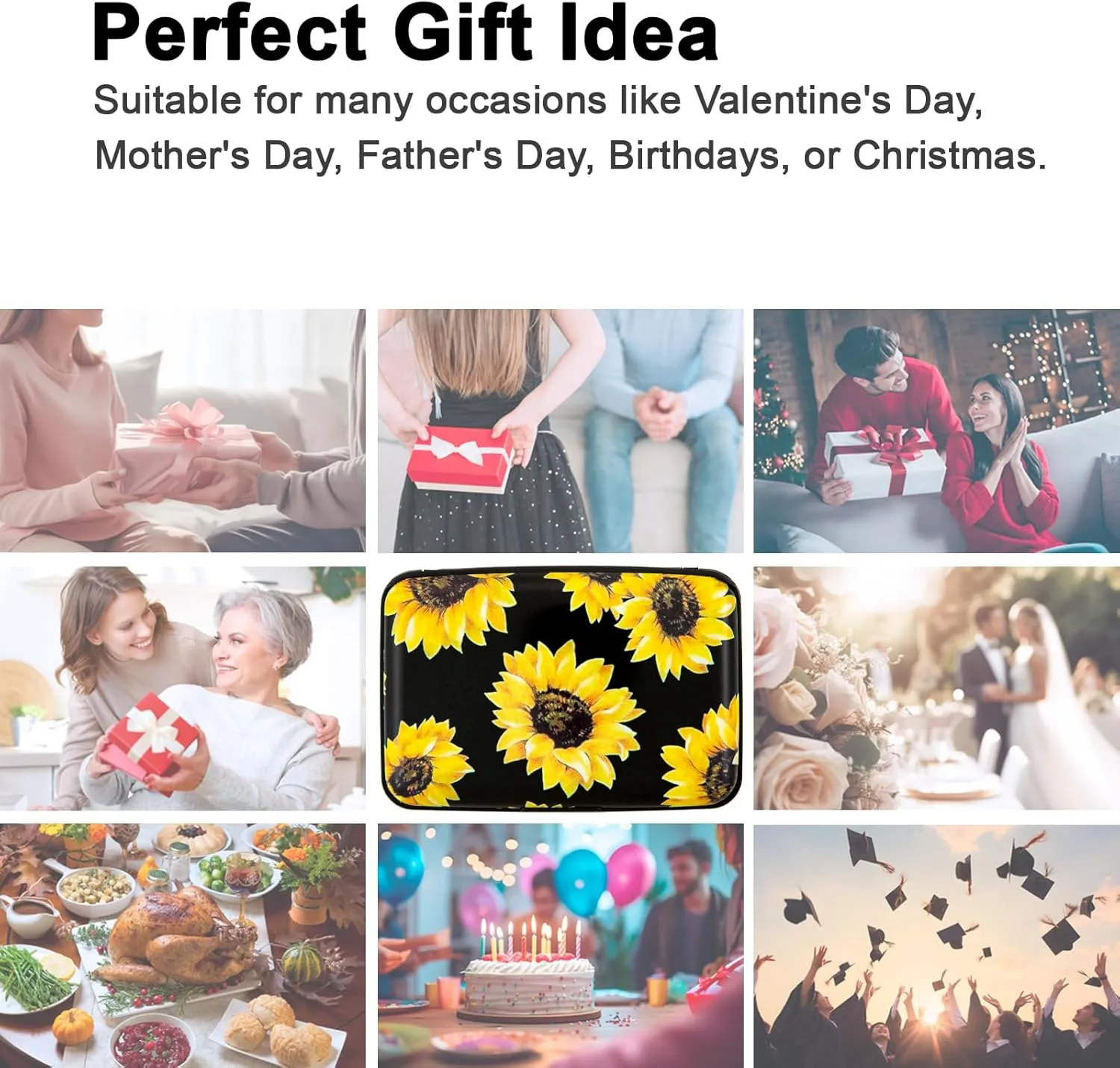 Credit Card Holder, Metal Card Wallet RFID Blocking Mini Slim Aluminum Business Hard Card Case for Women Men (Black Background Sunflowers)