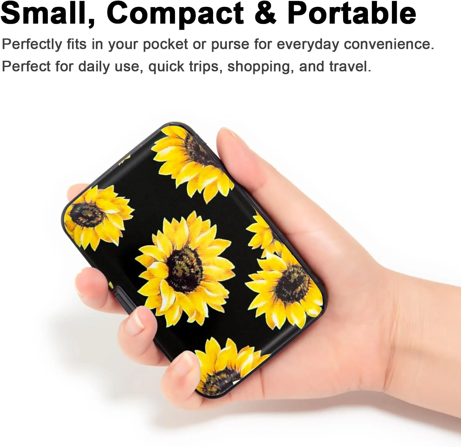 Credit Card Holder, Metal Card Wallet RFID Blocking Mini Slim Aluminum Business Hard Card Case for Women Men (Black Background Sunflowers)
