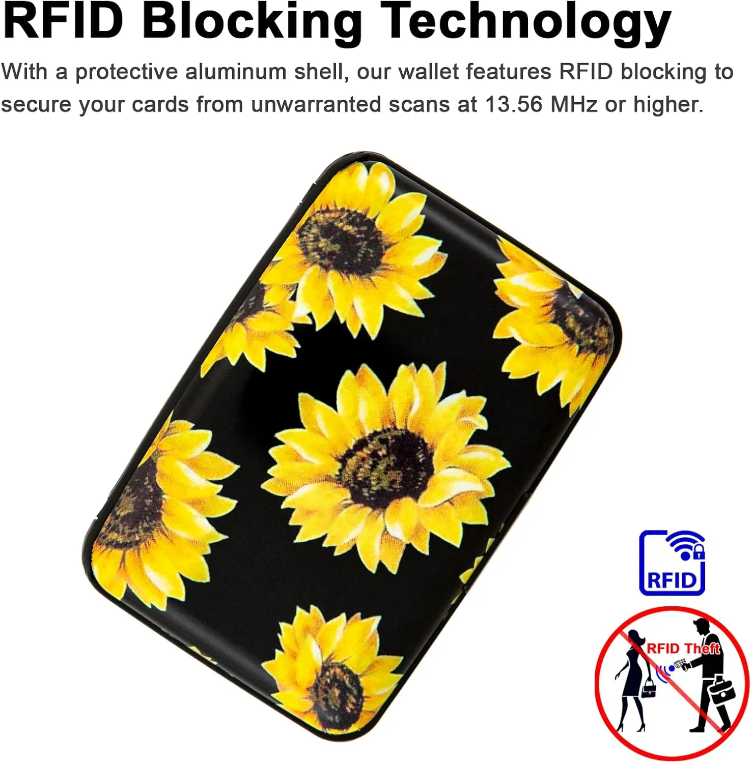 Credit Card Holder, Metal Card Wallet RFID Blocking Mini Slim Aluminum Business Hard Card Case for Women Men (Black Background Sunflowers)