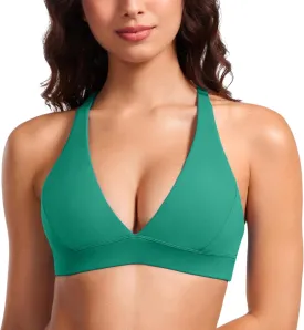 CRZ YOGA Butterluxe Deep V-Neck Sports Bras for Women - Spaghetti Strap Criss Cross Padded Top Low Coverage Wireless Yoga
