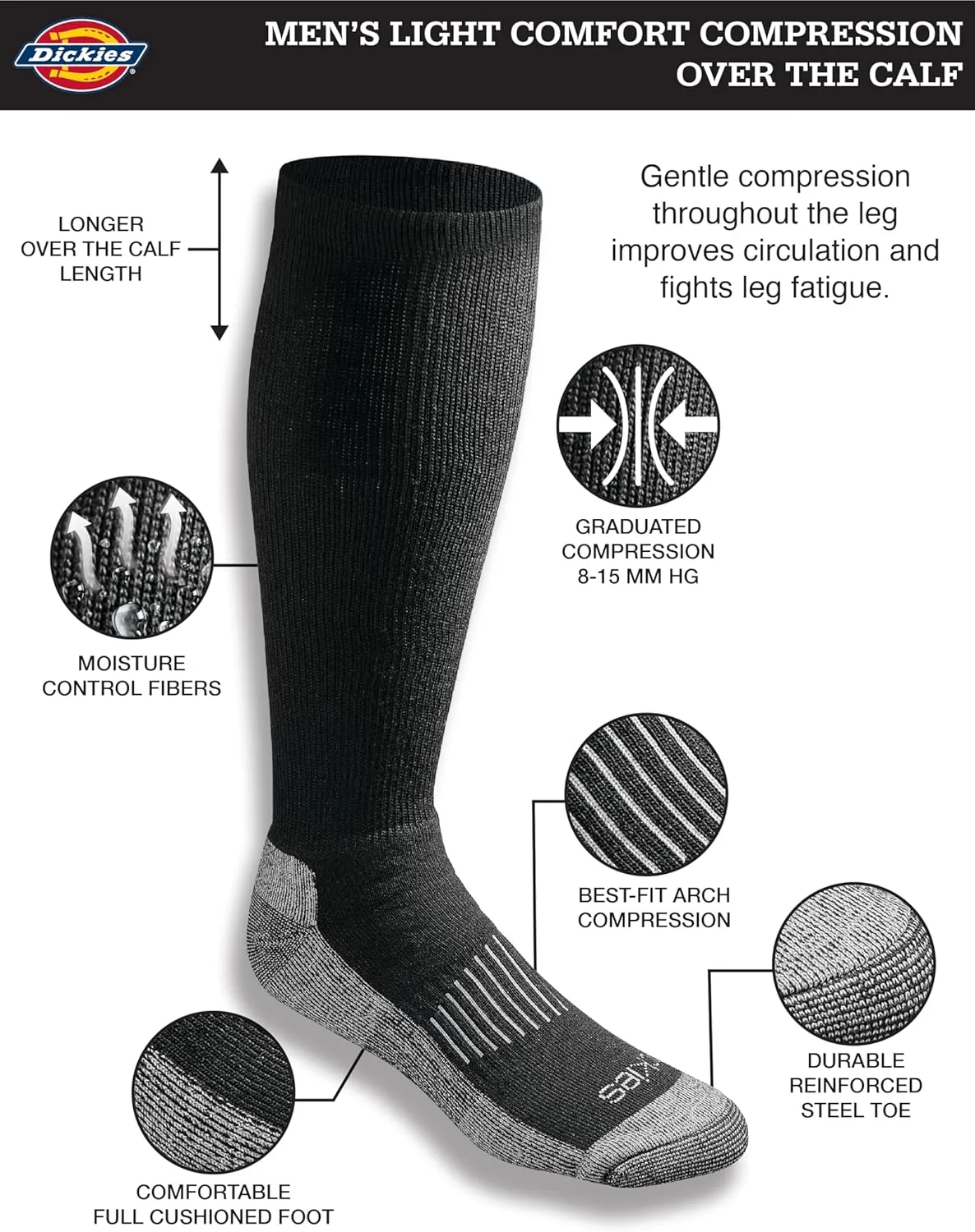 Dickies Men's Light Compression Comfort Over-The-Calf Socks, Available in M-XXL (2, 4 Pairs)