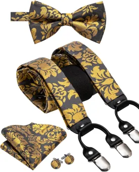 Dubulle Suspender and Bow Tie for Men Paisley Solid Mens Suit Braces Pretied Bowtie and Handkerchief Cufflinks Formal Wedding