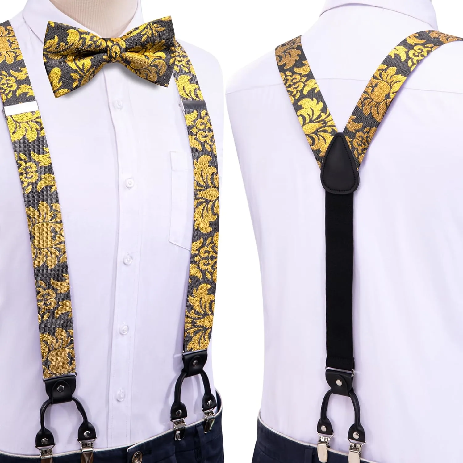 Dubulle Suspender and Bow Tie for Men Paisley Solid Mens Suit Braces Pretied Bowtie and Handkerchief Cufflinks Formal Wedding