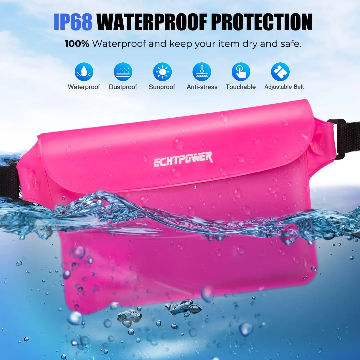 ECHTPower 2-Pack Waterproof Pouch Bag, Waterproof Fanny Pack, Waterproof Dry Bag with Adjustable Waist Strap for Beach Swimming Kayaking Floating Boating