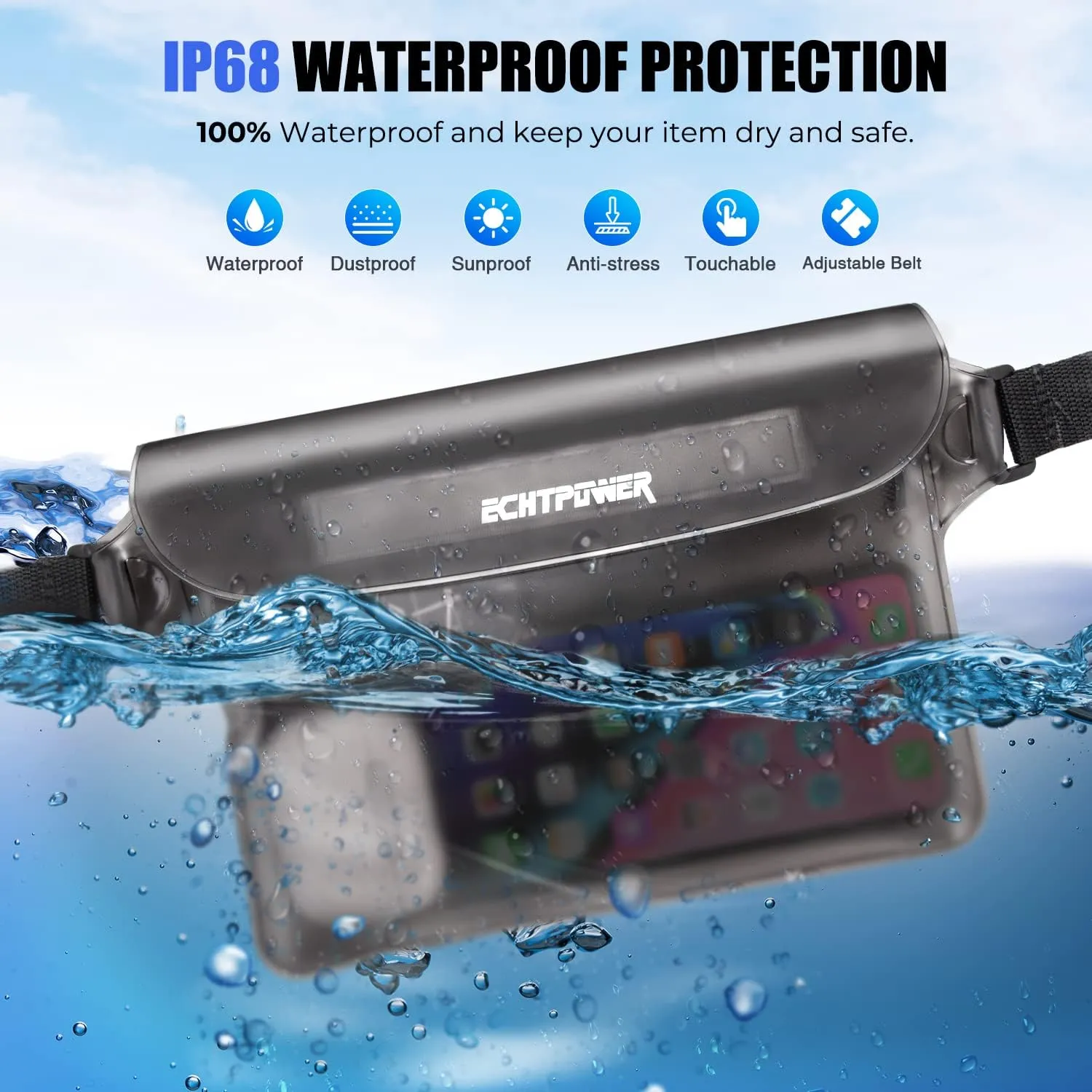 ECHTPower 2-Pack Waterproof Pouch Bag, Waterproof Fanny Pack, Waterproof Dry Bag with Adjustable Waist Strap for Beach Swimming Kayaking Floating Boating