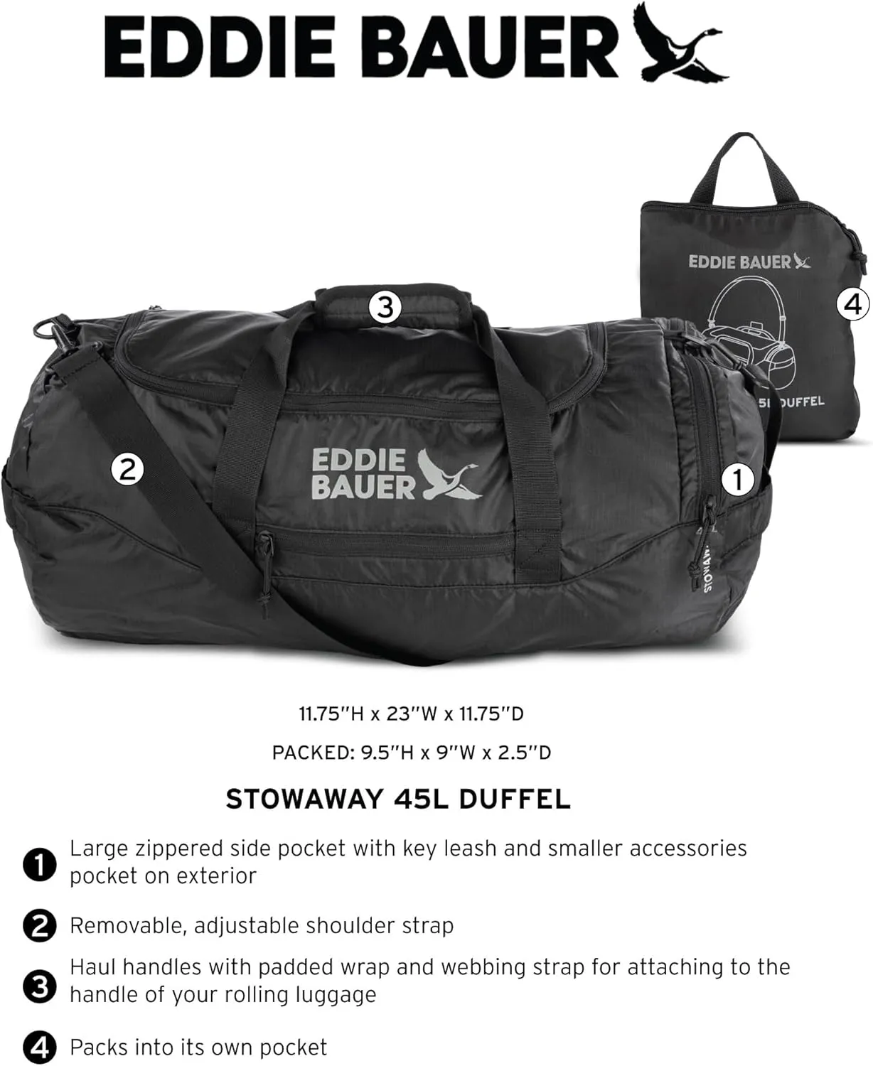 Eddie Bauer Stowaway Packable Duffel Bag | Travel | Foldable | Lightweight | Durable | Ripstop Polyester | 23" Length | 45L Capacity