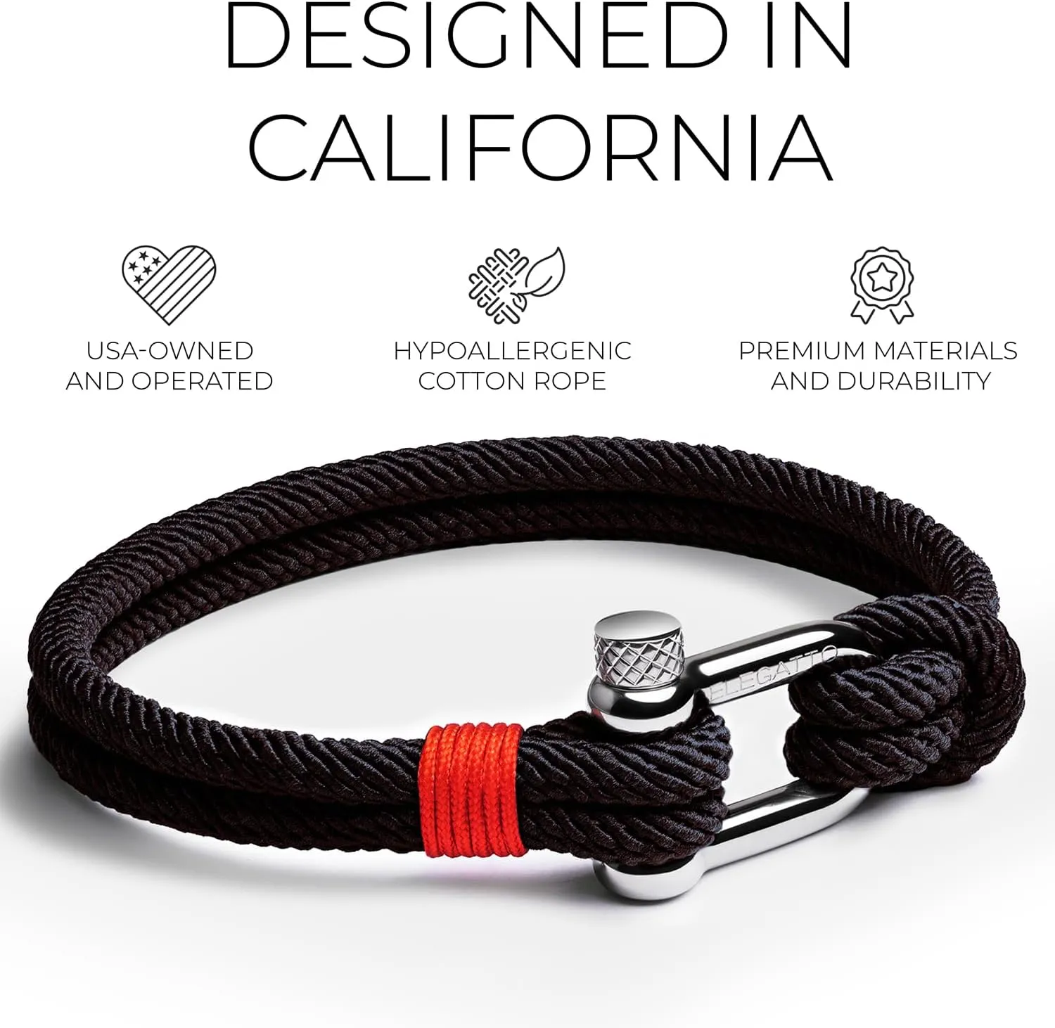 Elegatto Alchor Premium Rope Bracelet for Men | Nylon Marine Cord with Silver Polished Stainless Steel Shackle Closure | Waterproof and Fade-Resistant | Mens Designer Bracelets