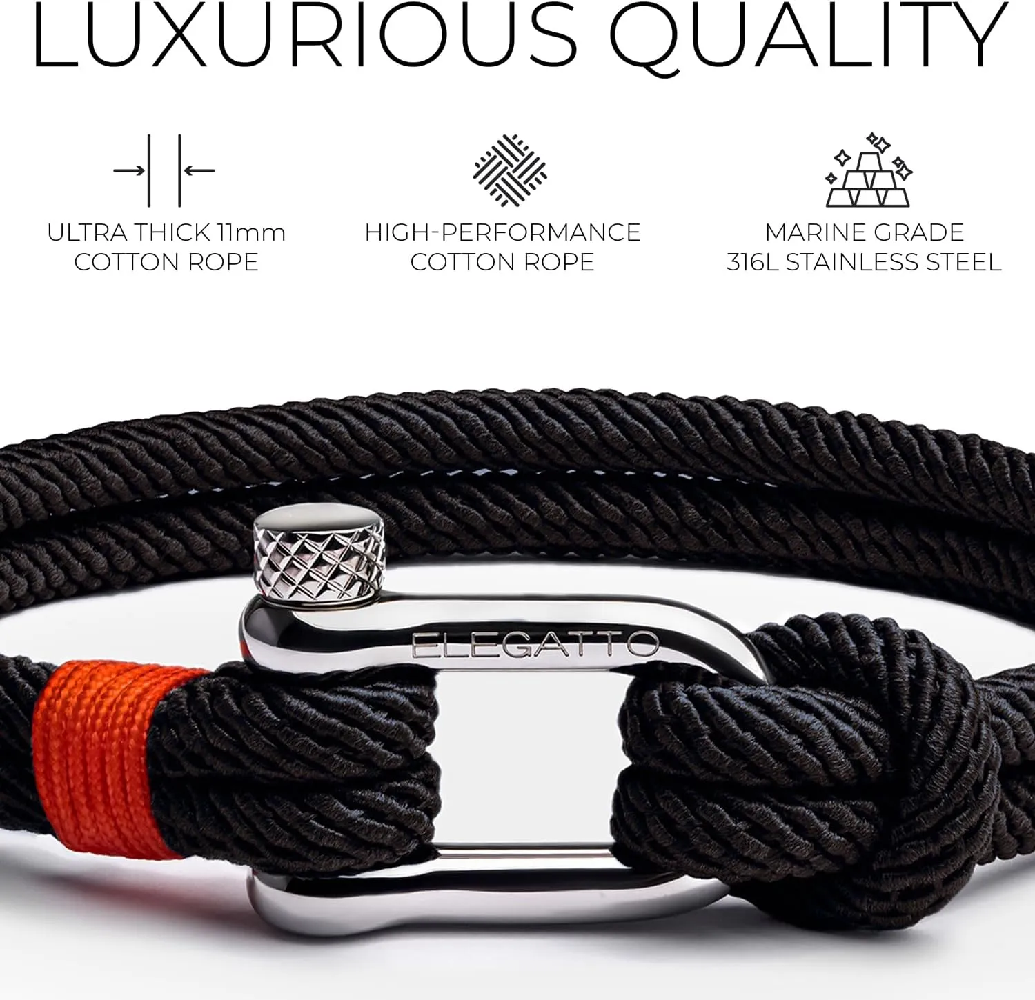 Elegatto Alchor Premium Rope Bracelet for Men | Nylon Marine Cord with Silver Polished Stainless Steel Shackle Closure | Waterproof and Fade-Resistant | Mens Designer Bracelets