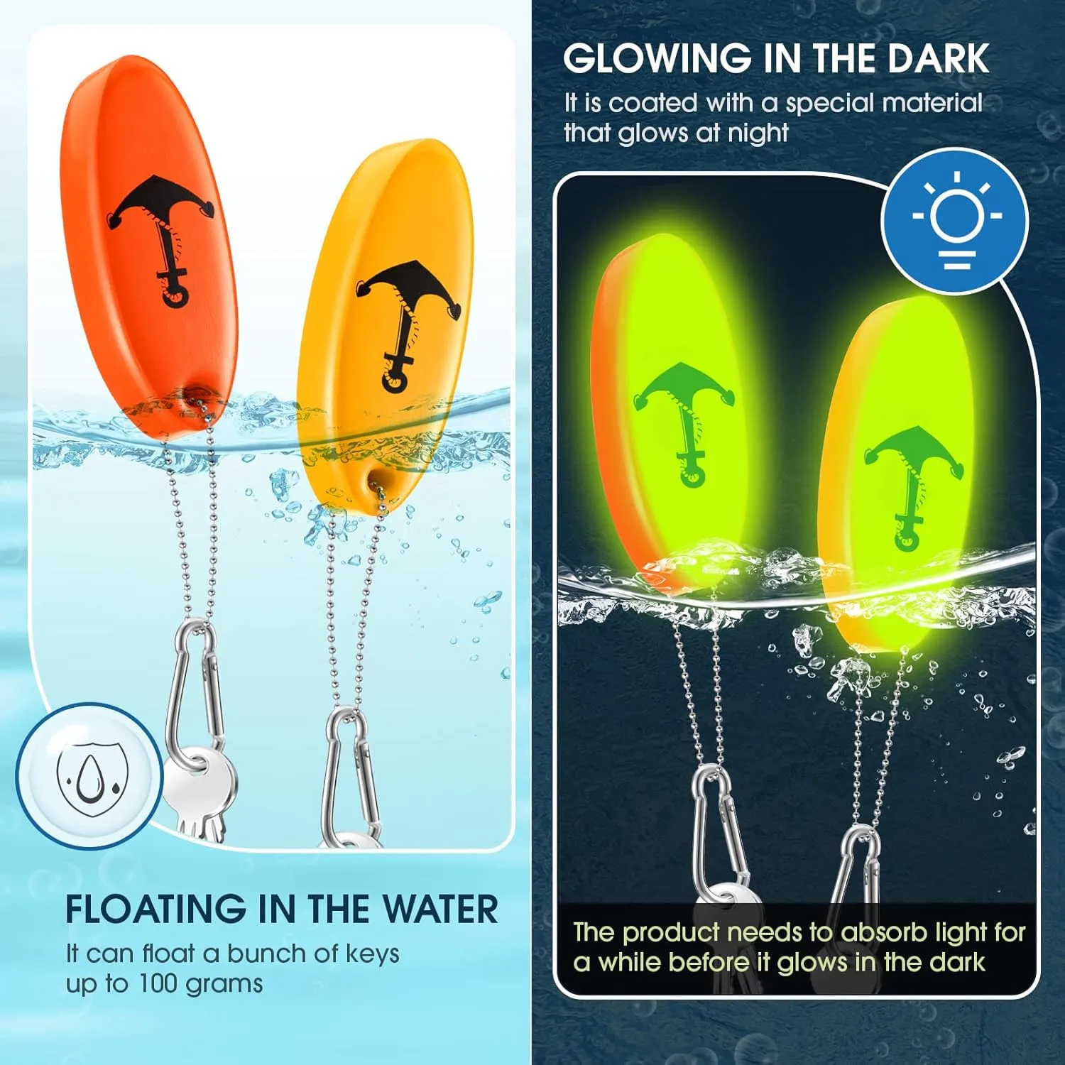Floating Keychain Boat Key Chain Glow in the Dark Foam Floats Oval Floating Key Ring for Boat Fishing