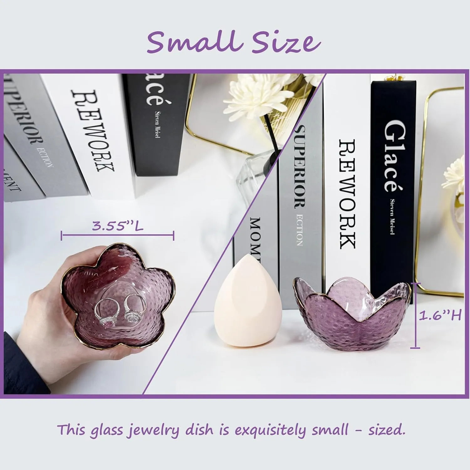 Flower Ring Dish Jewelry Tray, Small Glass Trinket Tray for Rings Earrings, Gift for Wife Mom Daughter Women (Amethyst)
