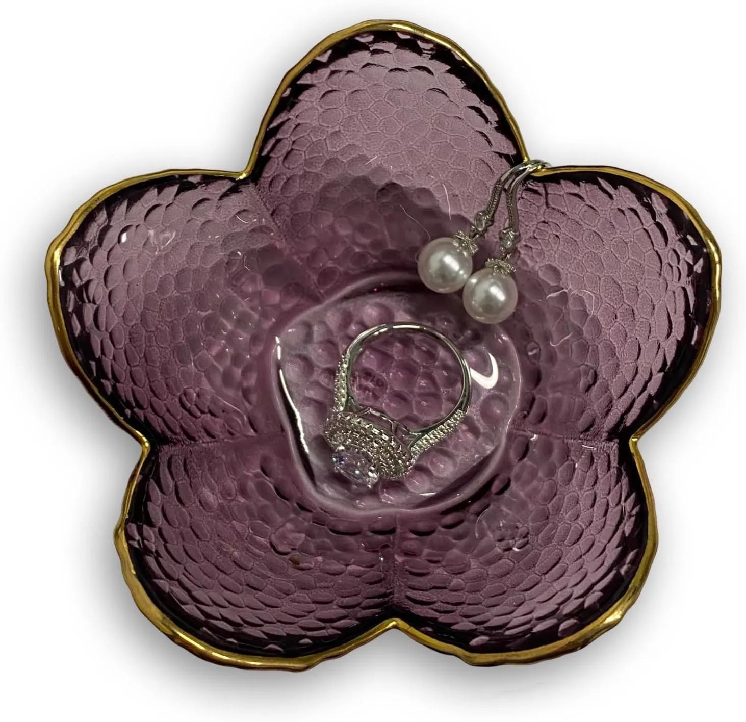 Flower Ring Dish Jewelry Tray, Small Glass Trinket Tray for Rings Earrings, Gift for Wife Mom Daughter Women (Amethyst)