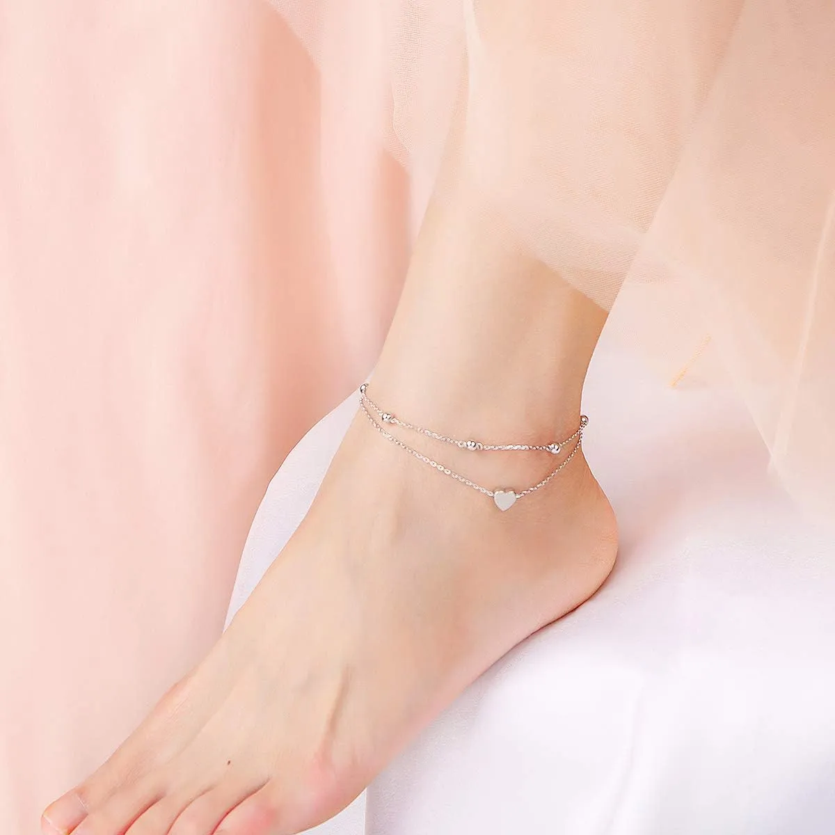 FLYOW Anklet for Women S925 Sterling Silver Adjustable Foot Beaded Heart Charm Ankle Bracelet Anklets Jewelry