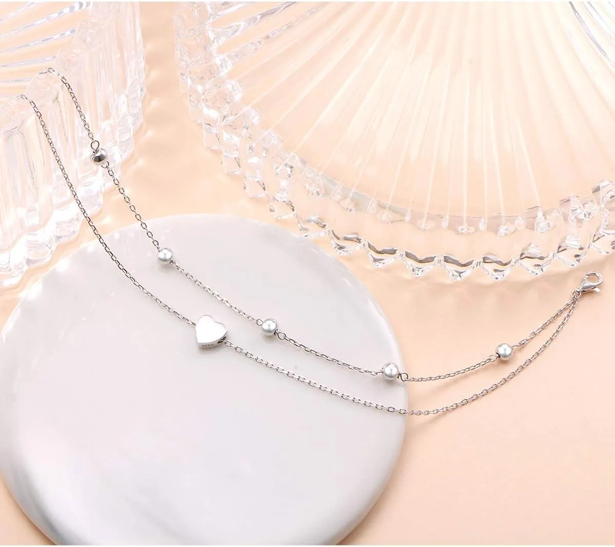 FLYOW Anklet for Women S925 Sterling Silver Adjustable Foot Beaded Heart Charm Ankle Bracelet Anklets Jewelry