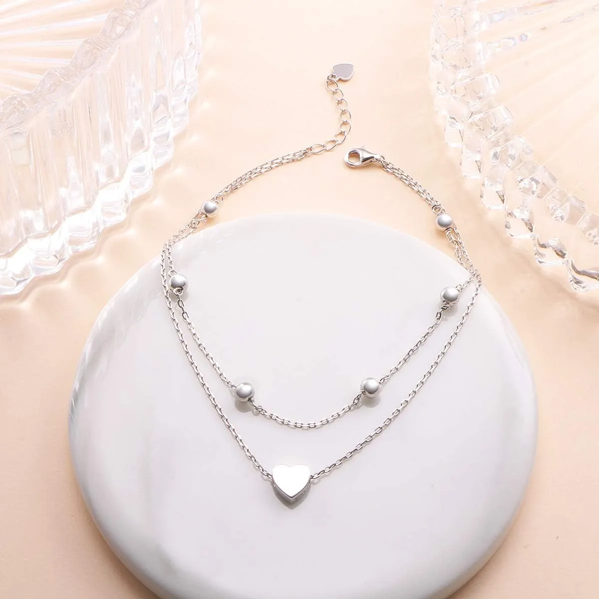 FLYOW Anklet for Women S925 Sterling Silver Adjustable Foot Beaded Heart Charm Ankle Bracelet Anklets Jewelry