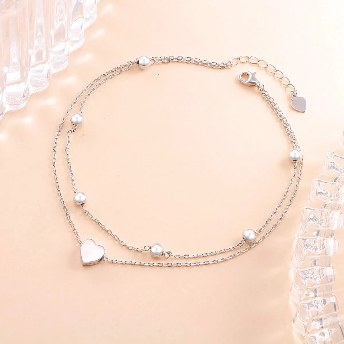 FLYOW Anklet for Women S925 Sterling Silver Adjustable Foot Beaded Heart Charm Ankle Bracelet Anklets Jewelry