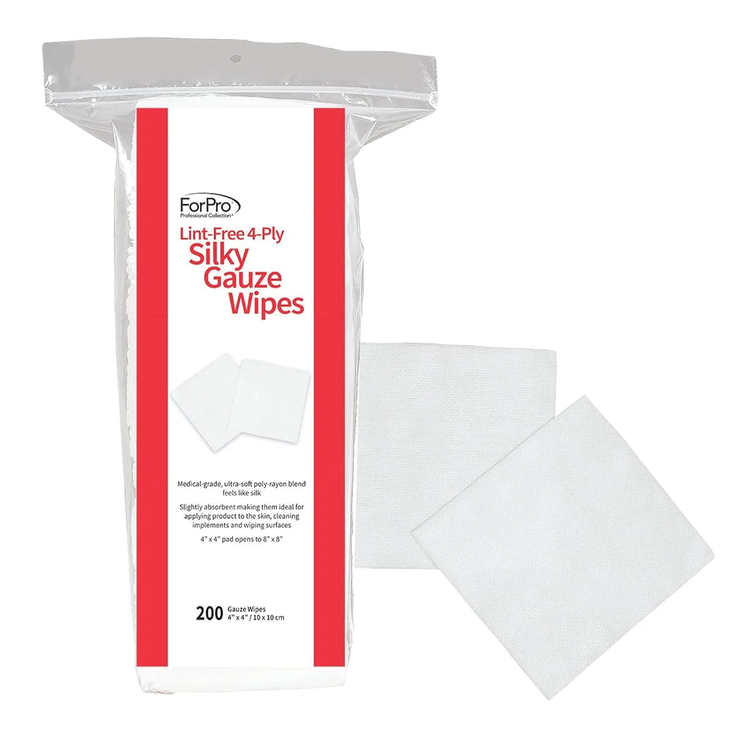 ForPro Professional Collection Lint-Free 4-Ply Silky Gauze Wipes, 100% Lint-Free, Ultra-Soft, for Product Application and Medical Care, 4 x 4, 200-Count