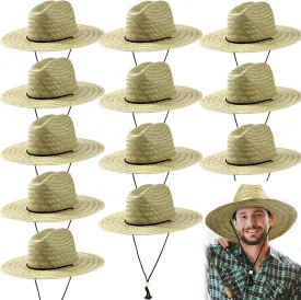 Funtery 12 Pack Straw Hat for Men Summer Large Brim Farmer Beach Sun Protection Straw Hat with Lanyard