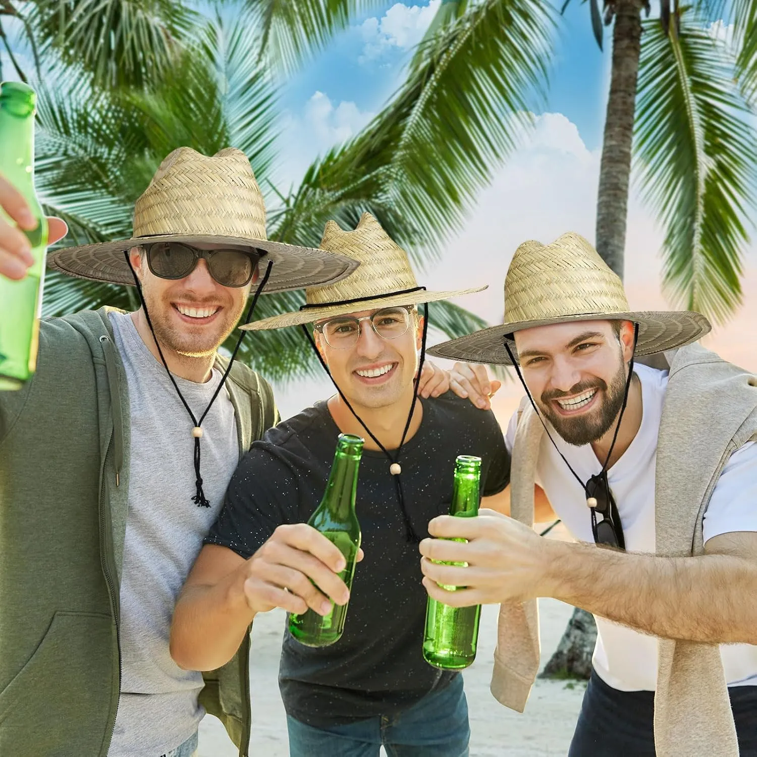 Funtery 12 Pack Straw Hat for Men Summer Large Brim Farmer Beach Sun Protection Straw Hat with Lanyard