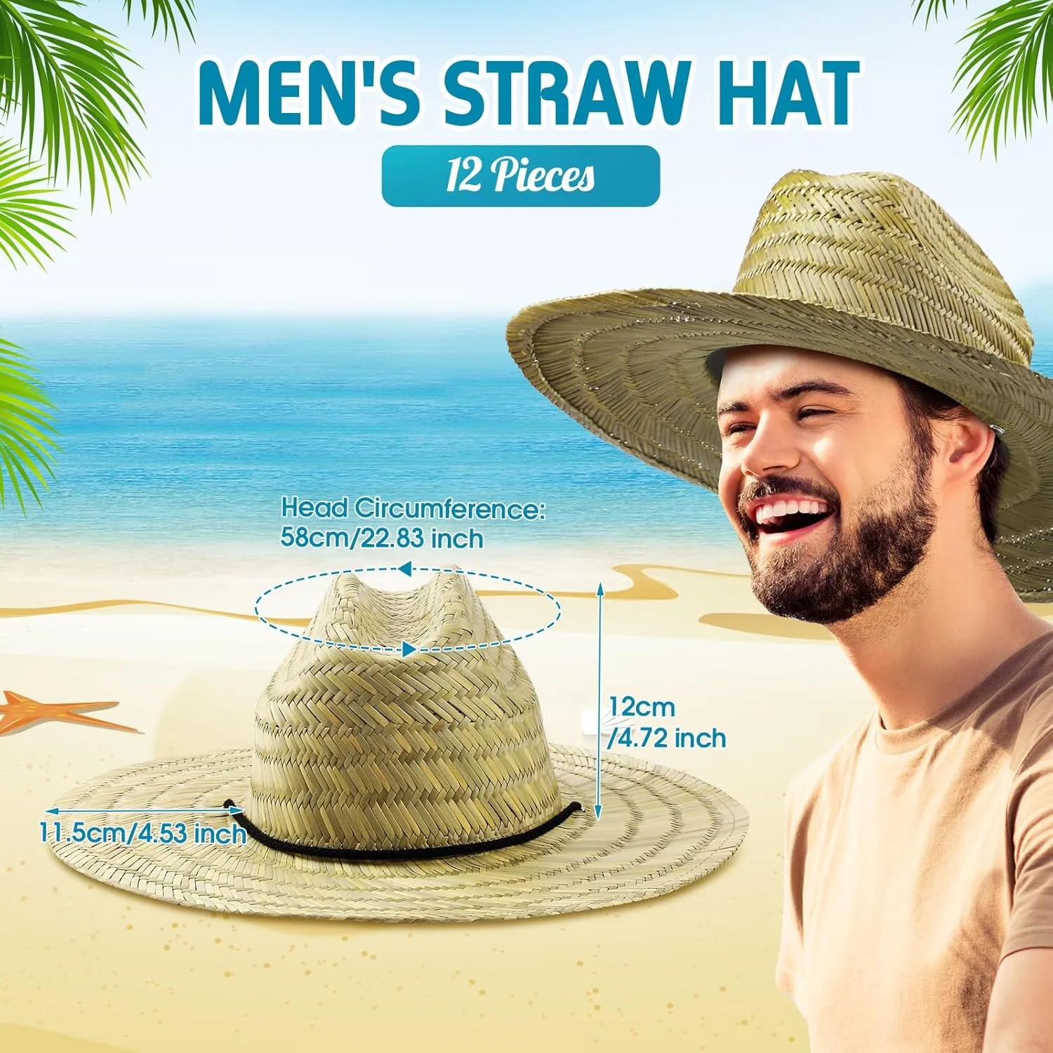 Funtery 12 Pack Straw Hat for Men Summer Large Brim Farmer Beach Sun Protection Straw Hat with Lanyard