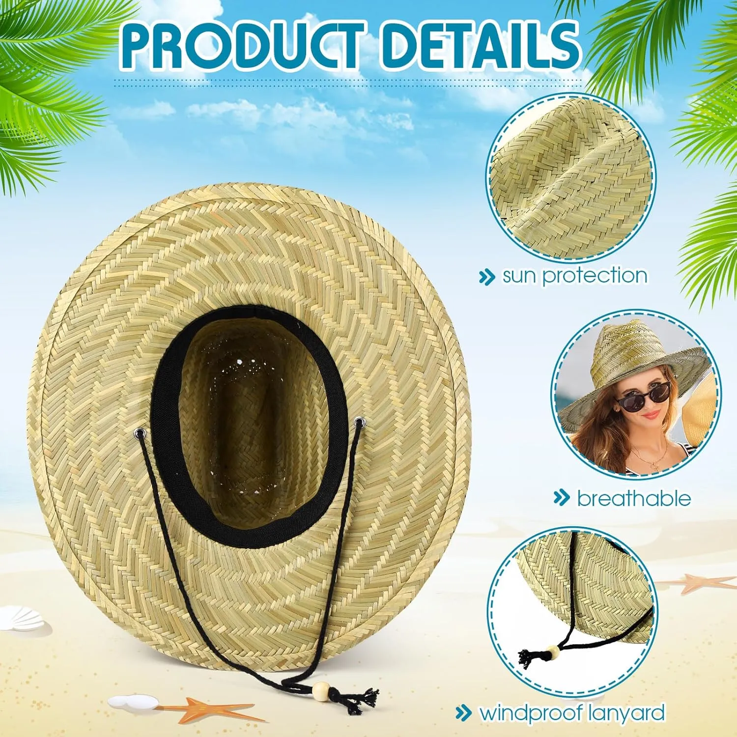 Funtery 12 Pack Straw Hat for Men Summer Large Brim Farmer Beach Sun Protection Straw Hat with Lanyard