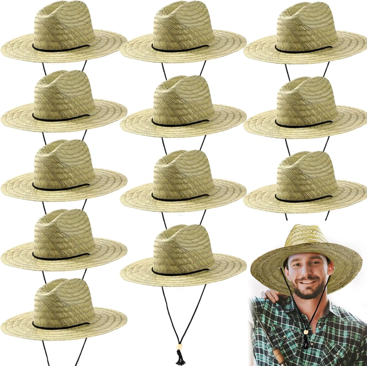 Funtery 12 Pack Straw Hat for Men Summer Large Brim Farmer Beach Sun Protection Straw Hat with Lanyard