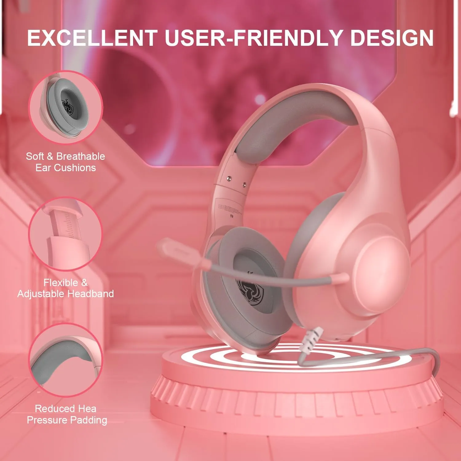 Gaming Headset for PS5 PS4 PC, Wired Headsets with 7.1 Surround Sound, H-7 Gaming Over Ear Headphones with Noise Cancelling Flexible Mic Memory Earmuffs, for PC/PS5/PS4/XboxSeries X/S/Switch (Pink)