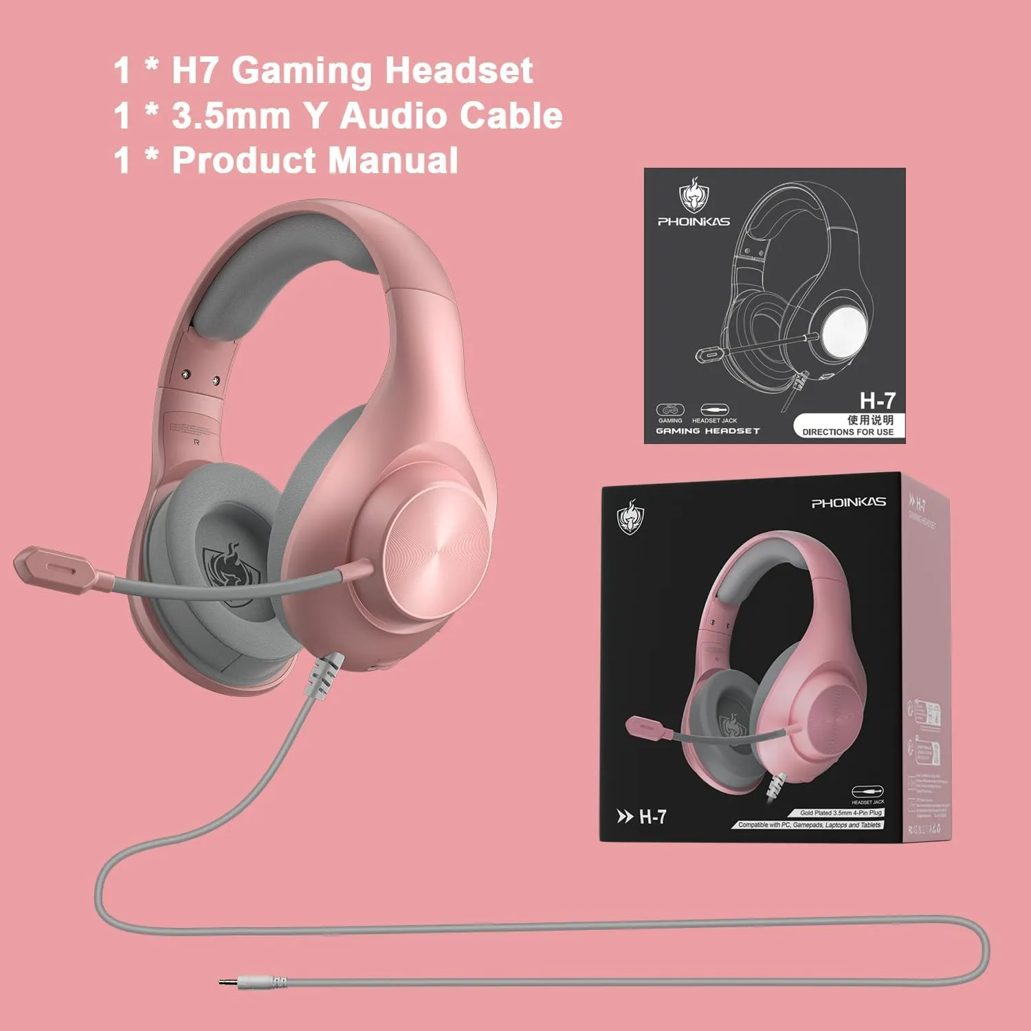 Gaming Headset for PS5 PS4 PC, Wired Headsets with 7.1 Surround Sound, H-7 Gaming Over Ear Headphones with Noise Cancelling Flexible Mic Memory Earmuffs, for PC/PS5/PS4/XboxSeries X/S/Switch (Pink)