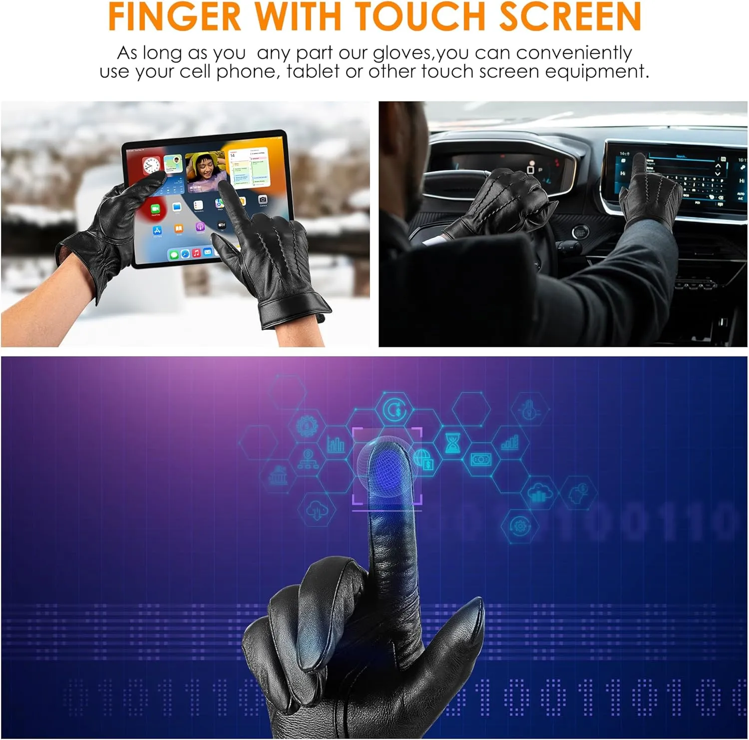 Genuine Sheepskin Leather Gloves for Men, Soft Cashmere Winter Warm Touch Screen Gloves Motorcycle Driving Gloves