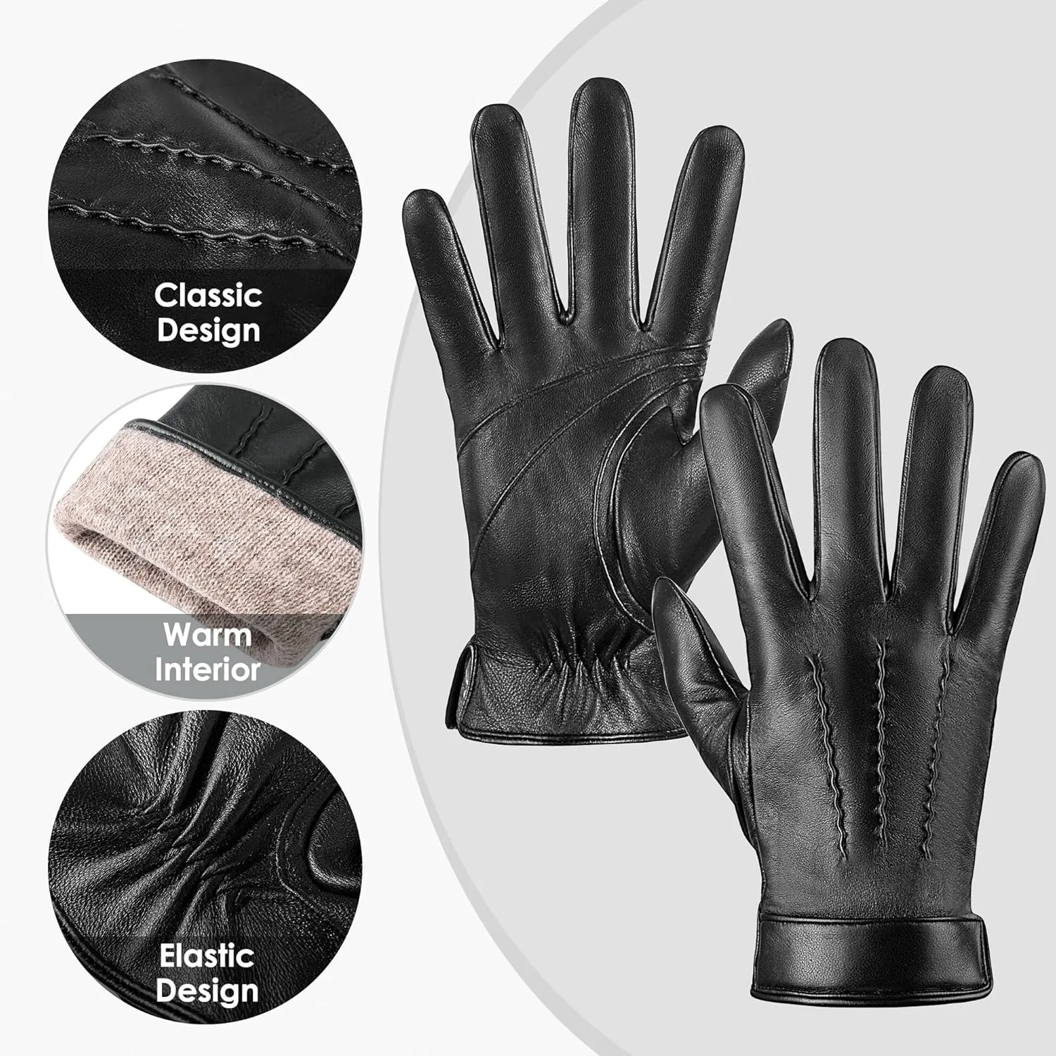 Genuine Sheepskin Leather Gloves for Men, Soft Cashmere Winter Warm Touch Screen Gloves Motorcycle Driving Gloves