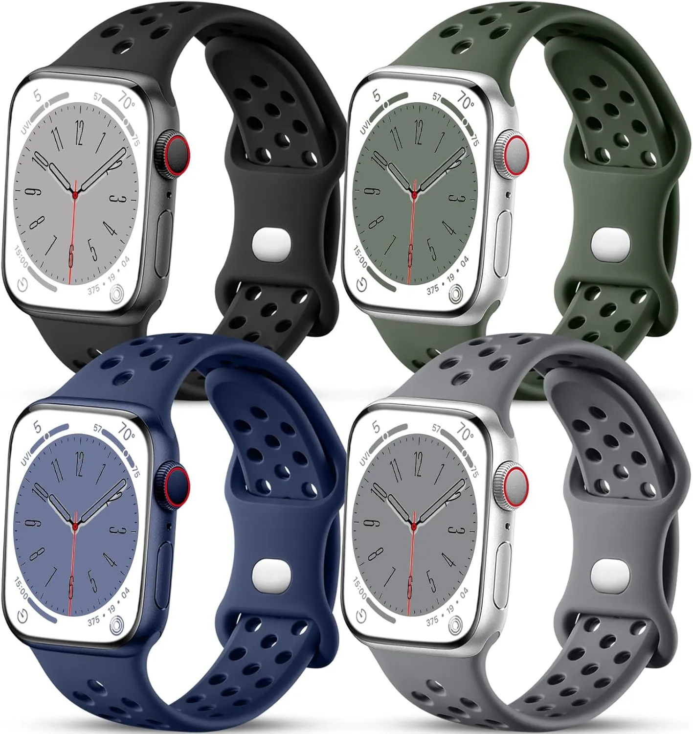 Getino Compatible with Apple Watch Band 40mm 38mm 41mm 44mm 45mm 46mm 49mm 42mm for Women Men iWatch SE Ultra Series 10 9 8 7 6 5 4 3 2 1, Durable Flexible Breathable Soft Silicone Sport Bands, 4 Pack