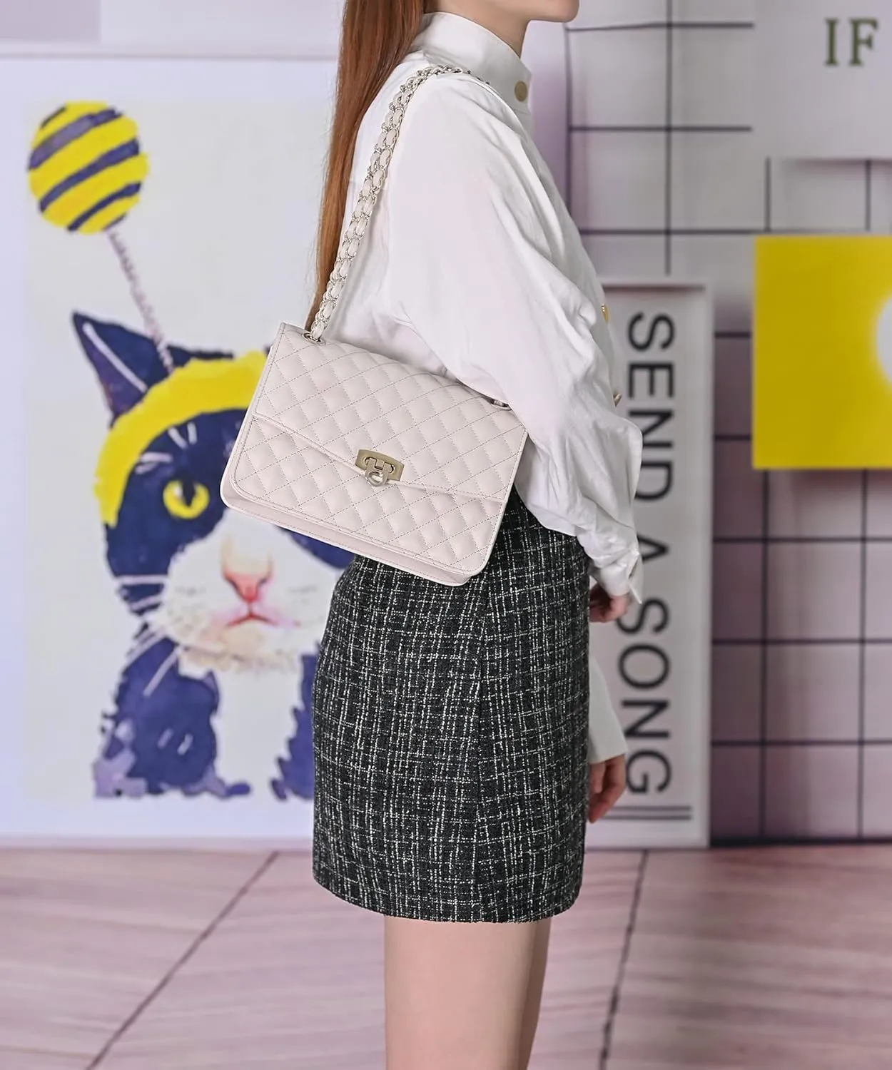 GM LIKKIE Quilted Shoulder Bag for Women, Medium Flap Crossbody Handbag with Chain Strap, Soft Vegan Leather Clutch Purse
