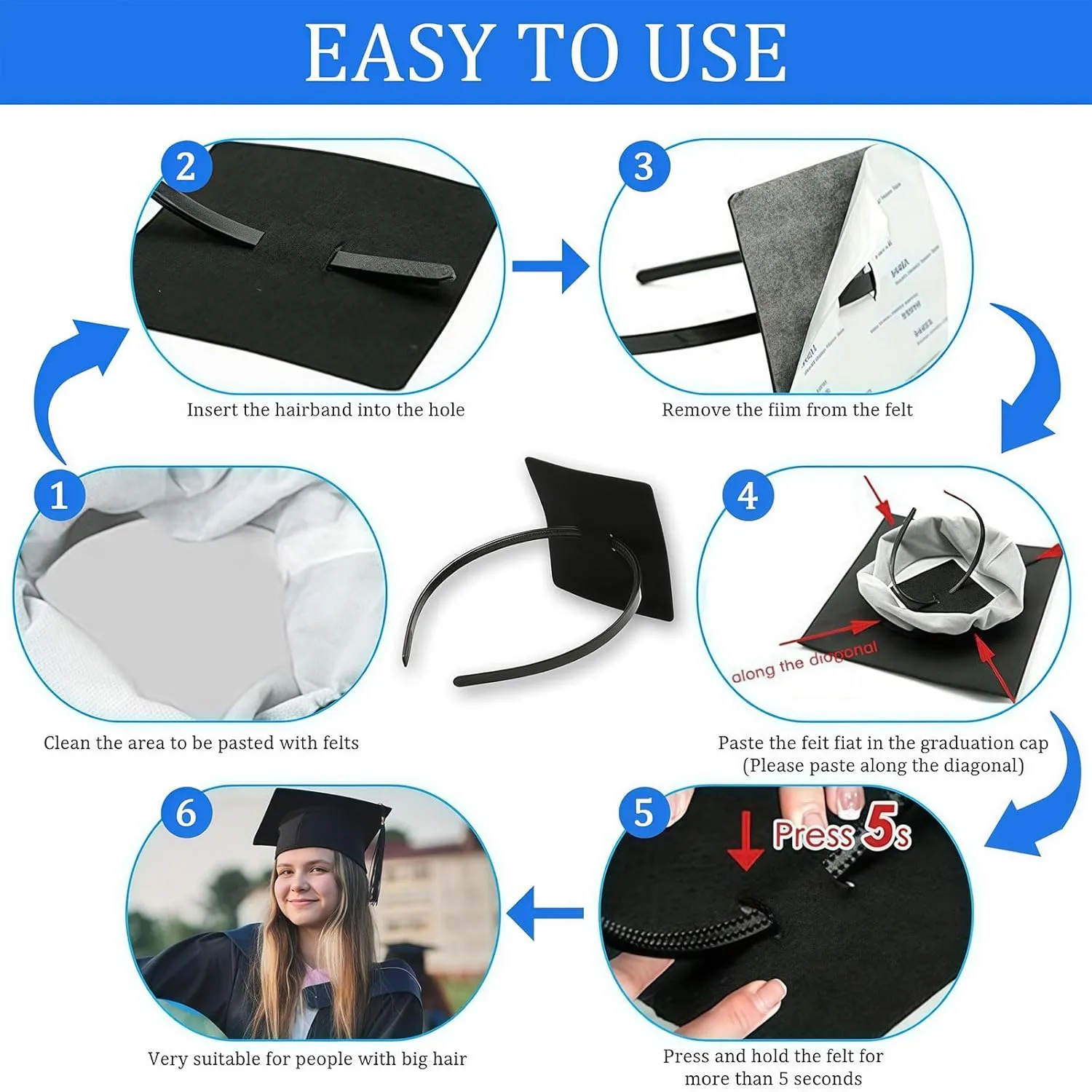Graduation Cap Headband Insert, Grad Caps Headband Insert, Adjustable, Secures Cap and Keeps Hairstyle, Upgraded Interior Design, Simple and Practical Anti-Fall Hairband for Graduation (1 Pack, M)