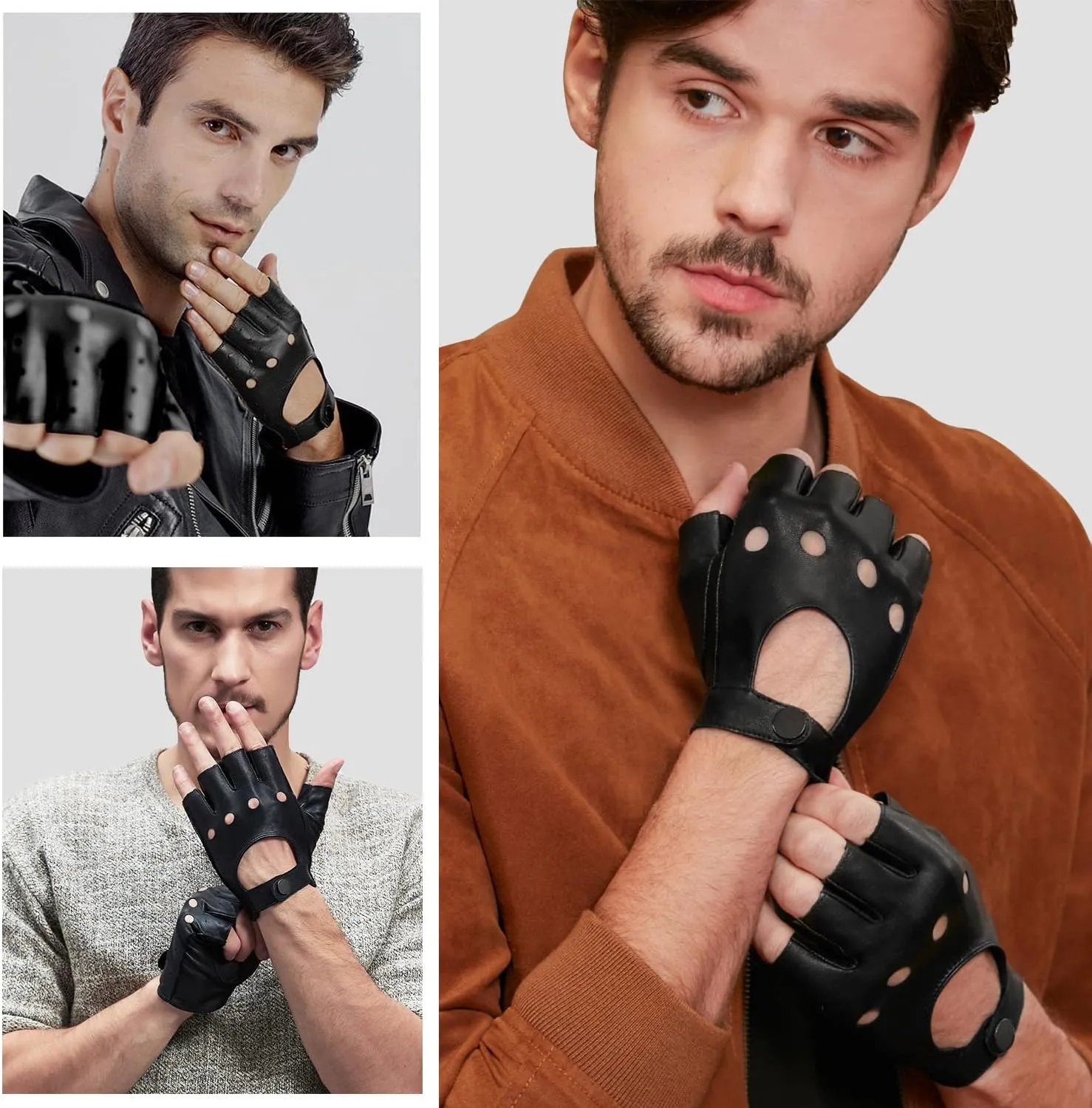 GSG Men Fingerless Gloves Driving Leather Cycling Half Finger Motorcycle Unlined Gloves for Cycling