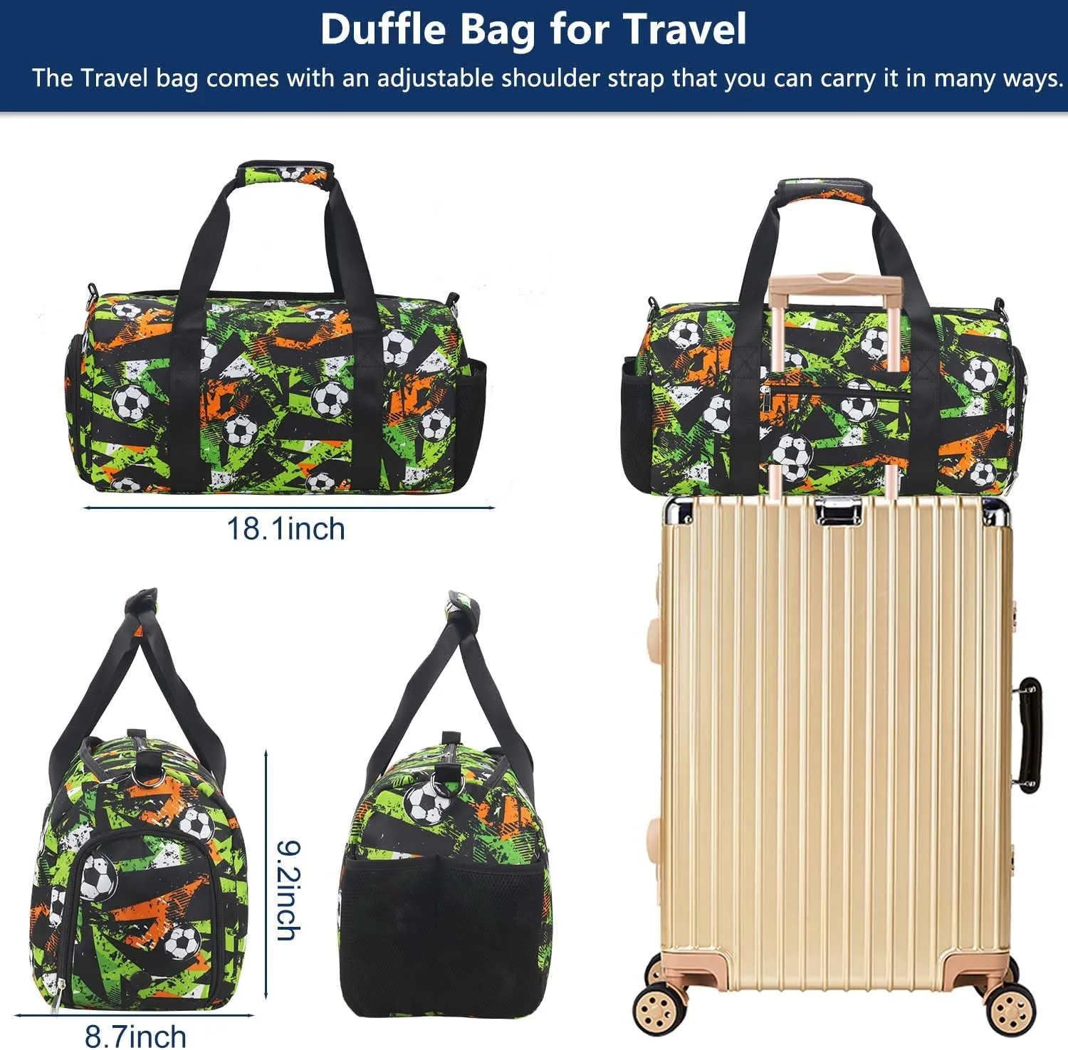 Gym Travel Duffle Bag for Boys - Gymnastics Sports Dance Bag with Shoe Compartment & Wet Pocket Kids Travel Bag Teens Weekender Sleepover Carry On Bag Football
