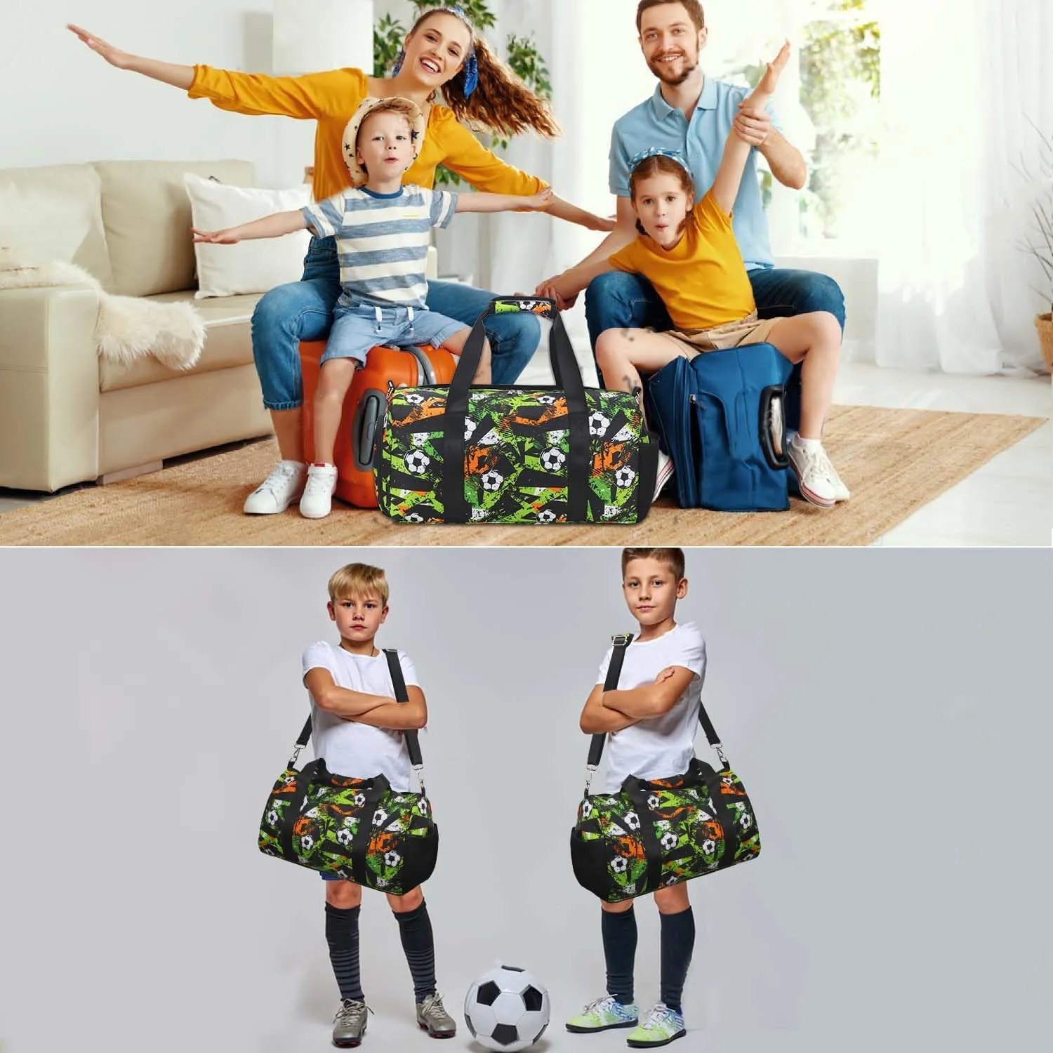 Gym Travel Duffle Bag for Boys - Gymnastics Sports Dance Bag with Shoe Compartment & Wet Pocket Kids Travel Bag Teens Weekender Sleepover Carry On Bag Football