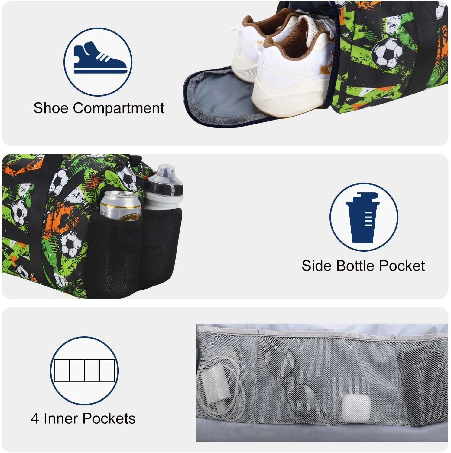 Gym Travel Duffle Bag for Boys - Gymnastics Sports Dance Bag with Shoe Compartment & Wet Pocket Kids Travel Bag Teens Weekender Sleepover Carry On Bag Football
