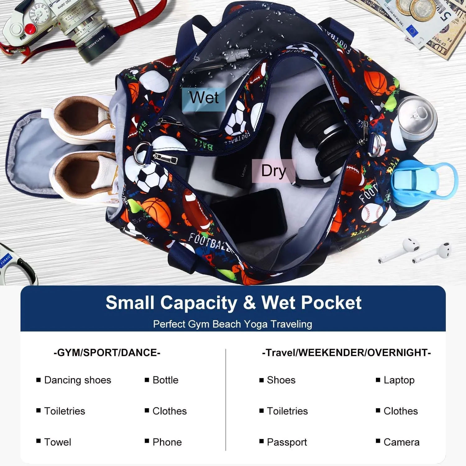Gym Travel Duffle Bag for Boys - Gymnastics Sports Dance Bag with Shoe Compartment & Wet Pocket Kids Travel Bag Teens Weekender Sleepover Carry On Bag Football
