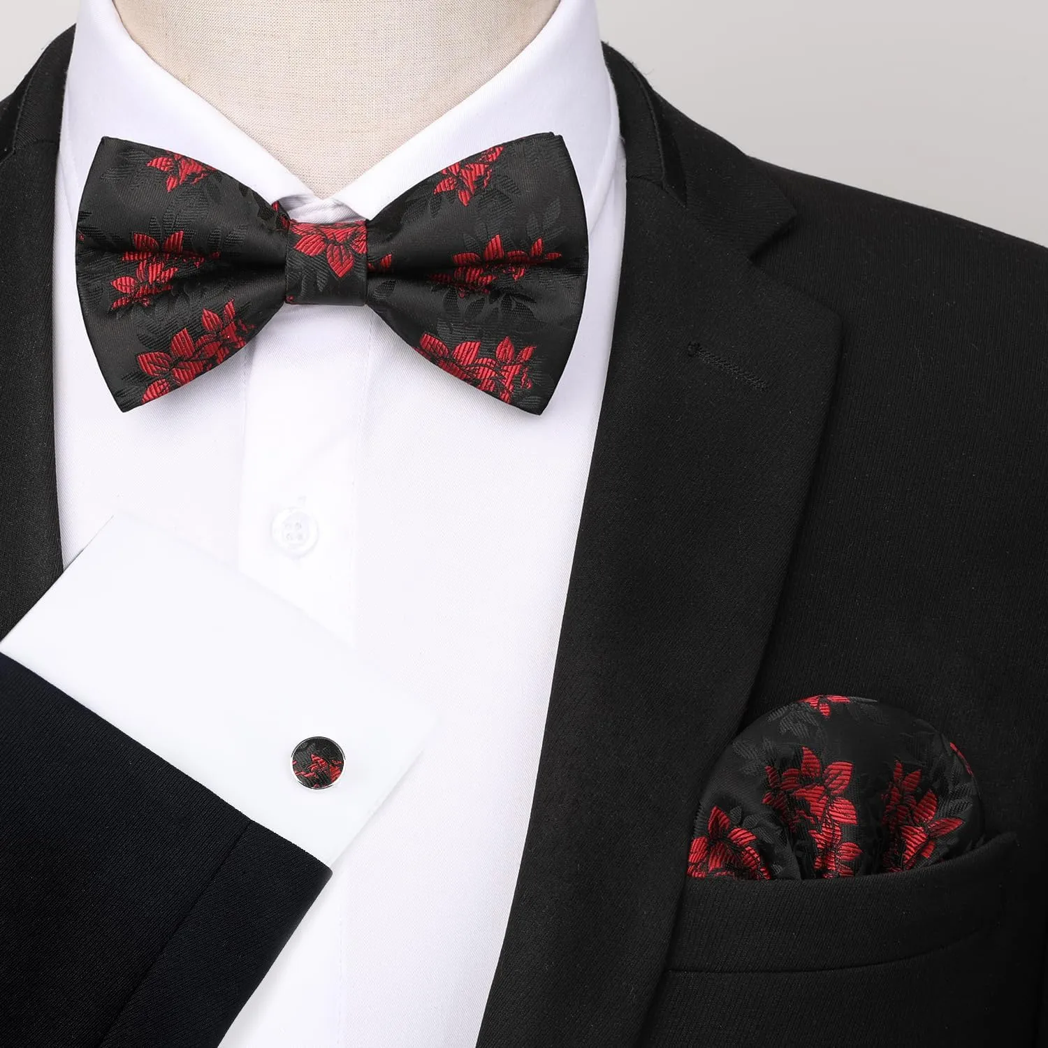 HISDERN Bow Ties for Men Pretied Bow Tie Set Paisley Classic Bowties and Pocket Square Cufflinks Set for Wedding Party