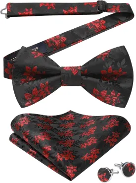 HISDERN Bow Ties for Men Pretied Bow Tie Set Paisley Classic Bowties and Pocket Square Cufflinks Set for Wedding Party