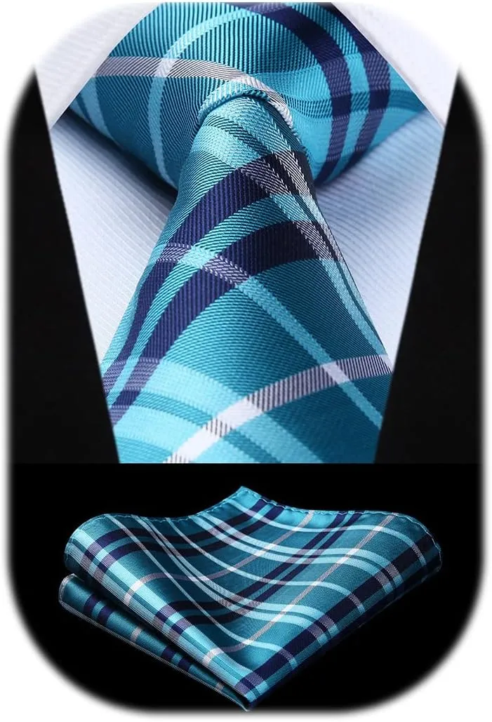 HISDERN Mens Ties Plaid Tie and Pocket Square Set Classic Woven Formal Checkered Neckties & Handkerchief Wedding Party