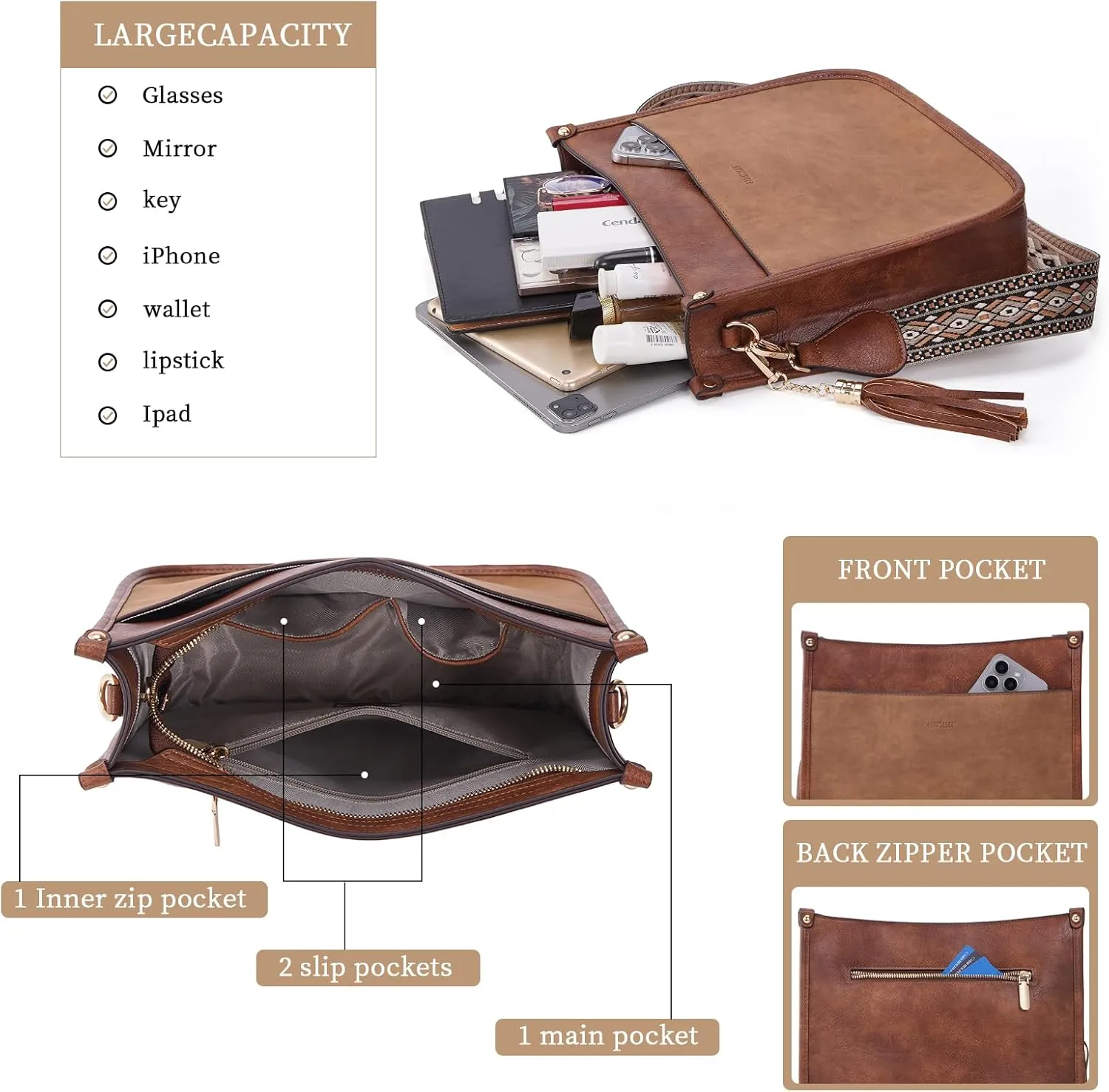 HKCLUF Vegan Leather Crossbody Bags Purse for Women Trendy Tassel Hobo Handbag Women With 2PCS Adjustable Guitar Strap