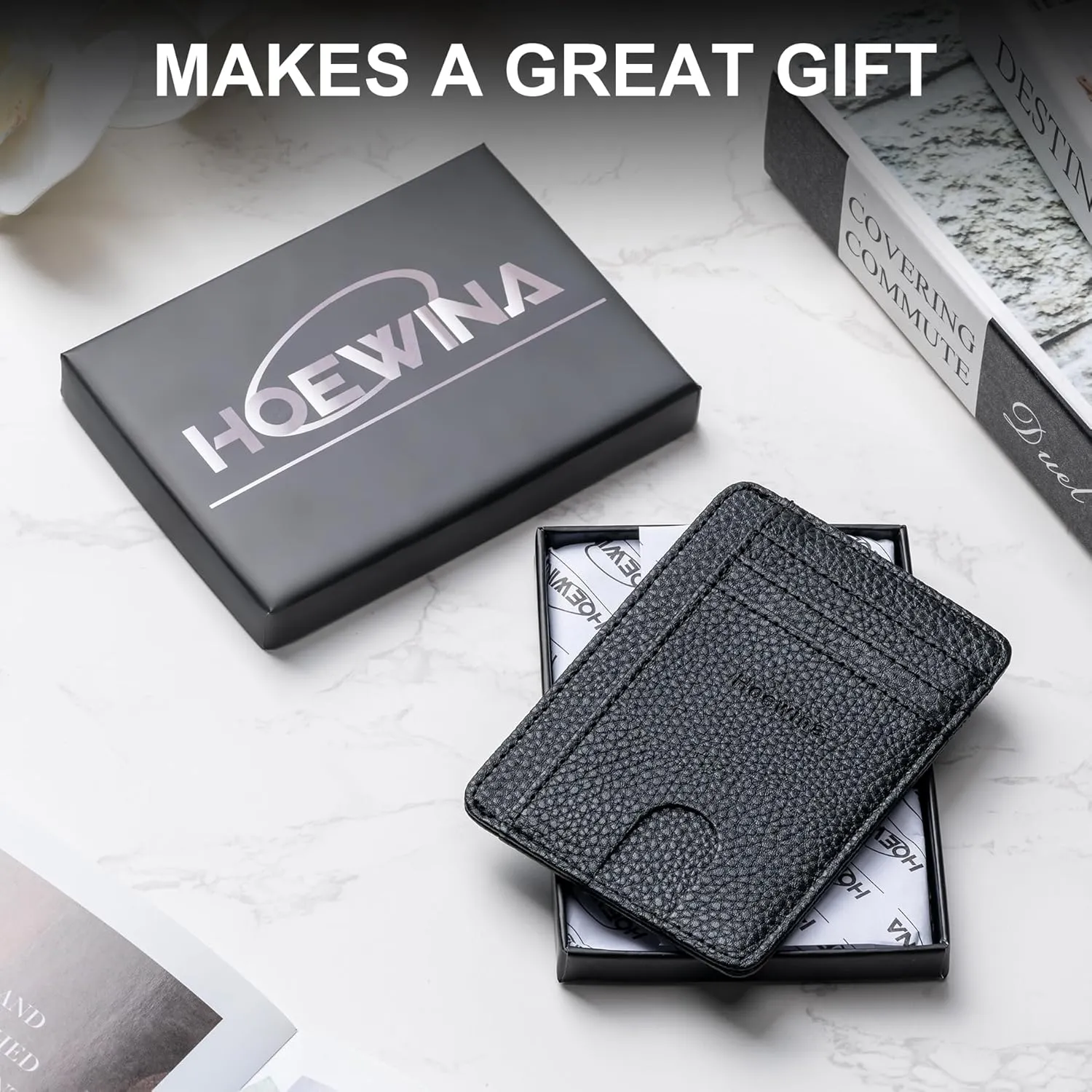 Hoewina Slim Wallet for Men, Credit Card Holder Wallet, Minimalist Design - RFID Blocking Front Pocket Leather Thin Wallet for Men and Women(Lichee Black)
