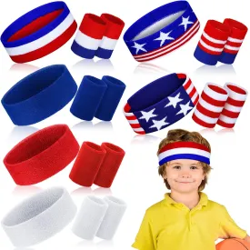 Hungdao 6 Set 4th of July Kid Sweatband American Flag Headband Wristband Set Red White Blue Athletic Sweat Band Absorbing Independence Day Head Band for Girl Boy Women Men Sports Basketball Workout