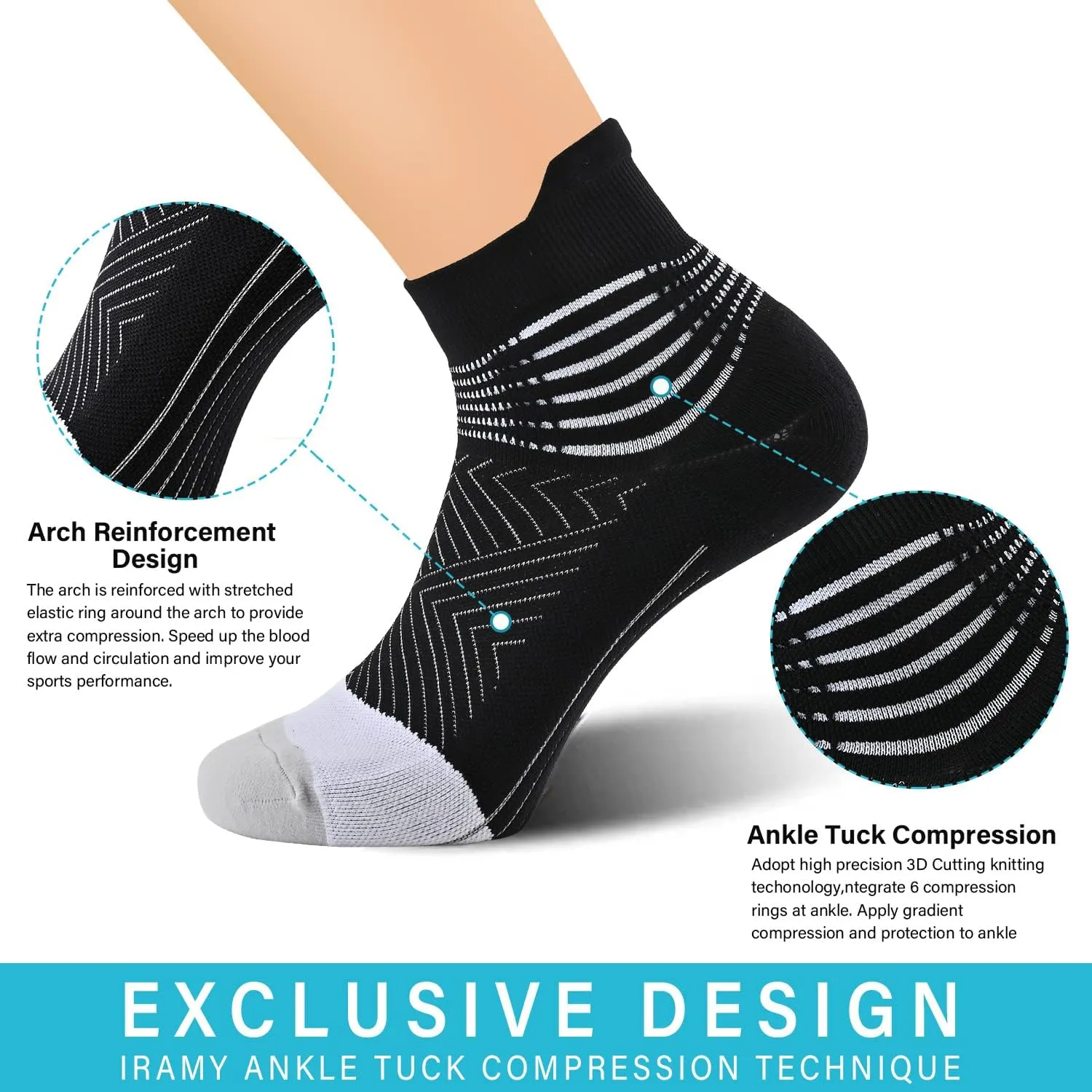 IRAMY Compression Ankle Support Socks Women - Coolmax Wicking, Cushioned Athletic, Plantar Fasciitis Relief 2/3/6 Pairs