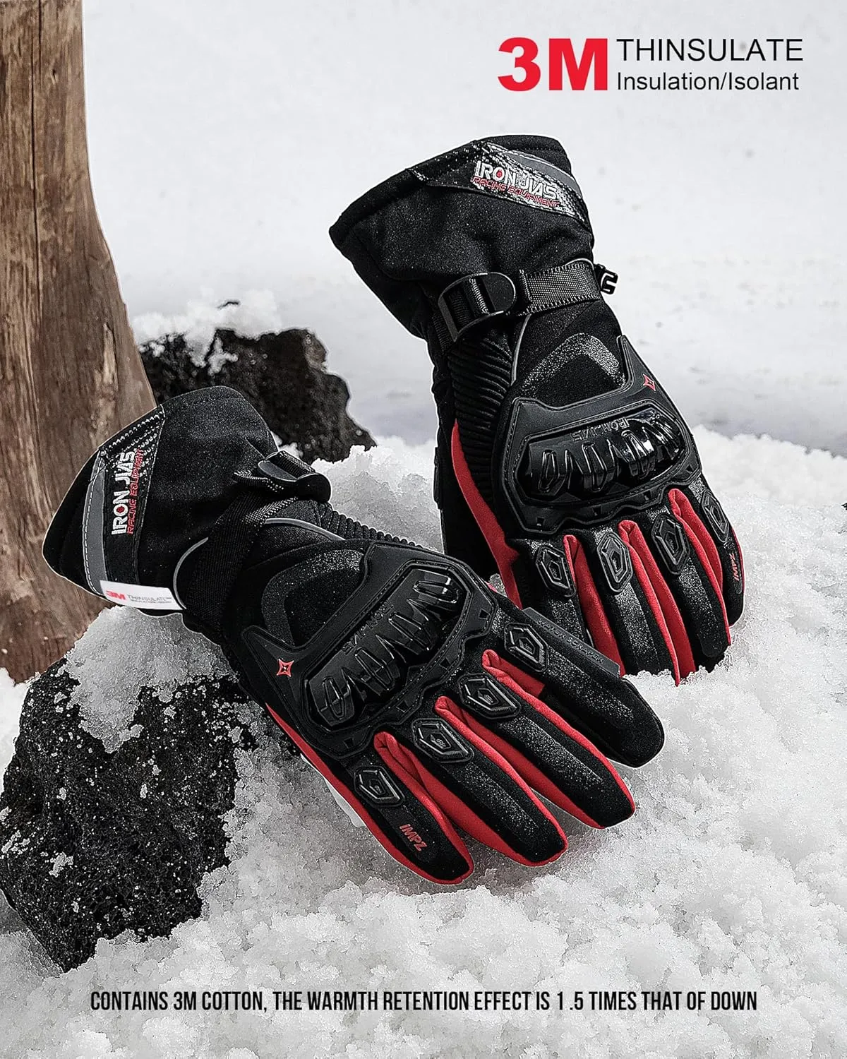IRON JIA'S Motorcycle Gloves Winter Cold Weather Warm Touchscreen Waterproof Windproof Protective Gear (RED, M)