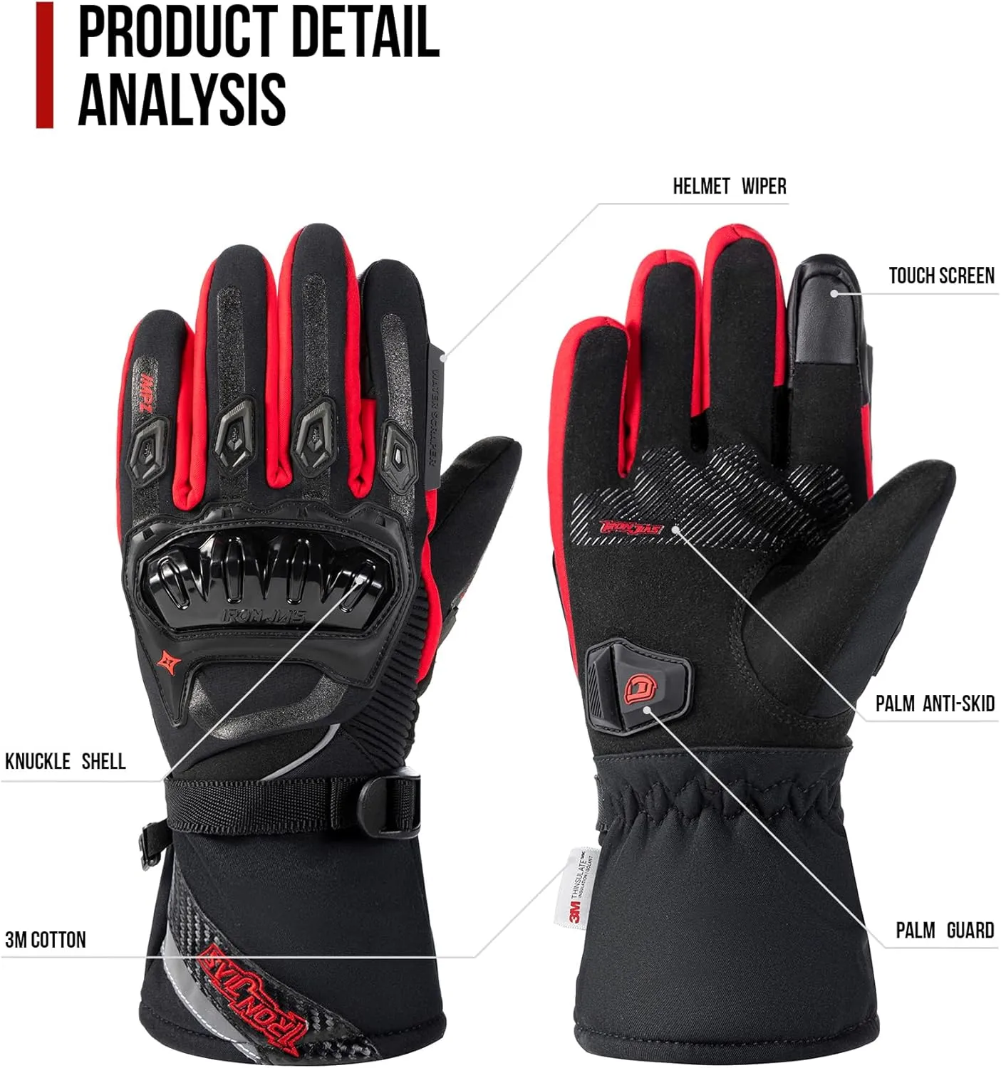 IRON JIA'S Motorcycle Gloves Winter Cold Weather Warm Touchscreen Waterproof Windproof Protective Gear (RED, M)