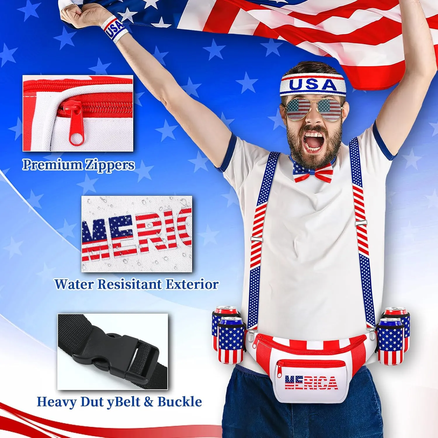 Jansun 11 Pcs Patriotic Fanny Pack Beverage Beer Belt Set USA Belt Bag American Fanny Pack with Suspenders Drink Holder American Flag Headband Wristband Sunglasses Classic Costume for 4th of July